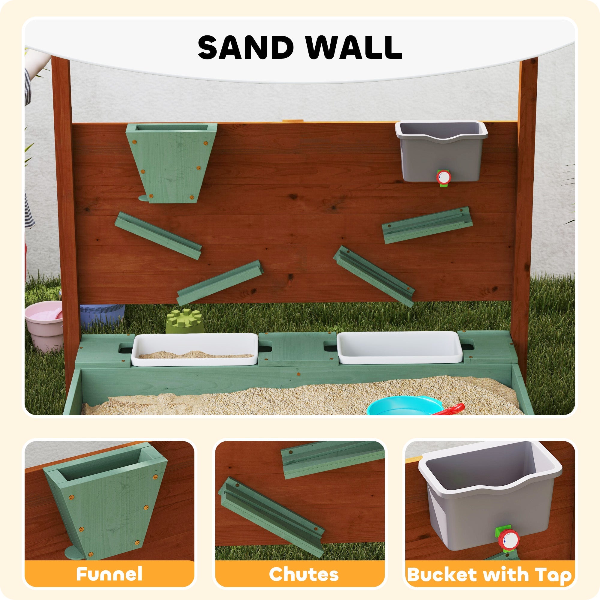 AIYAPLAY Wood Sandpit with Canopy, Storage Bins, Funnel, Liner, Chutes, Bucket with Tap, 116 x 112.5 x 128 cm, Green