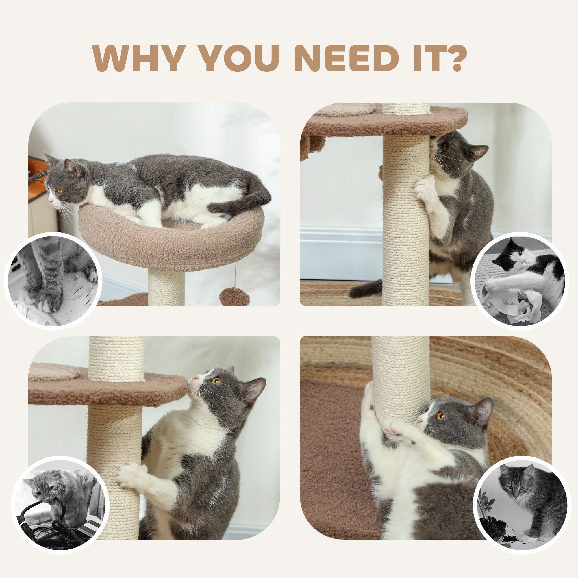 PawHut Cat Tree for Indoor Cats, 88cm Cat Tower with Sisal Scratching Post, Hanging Ball, Large Cat Perch, Stairs, Brown