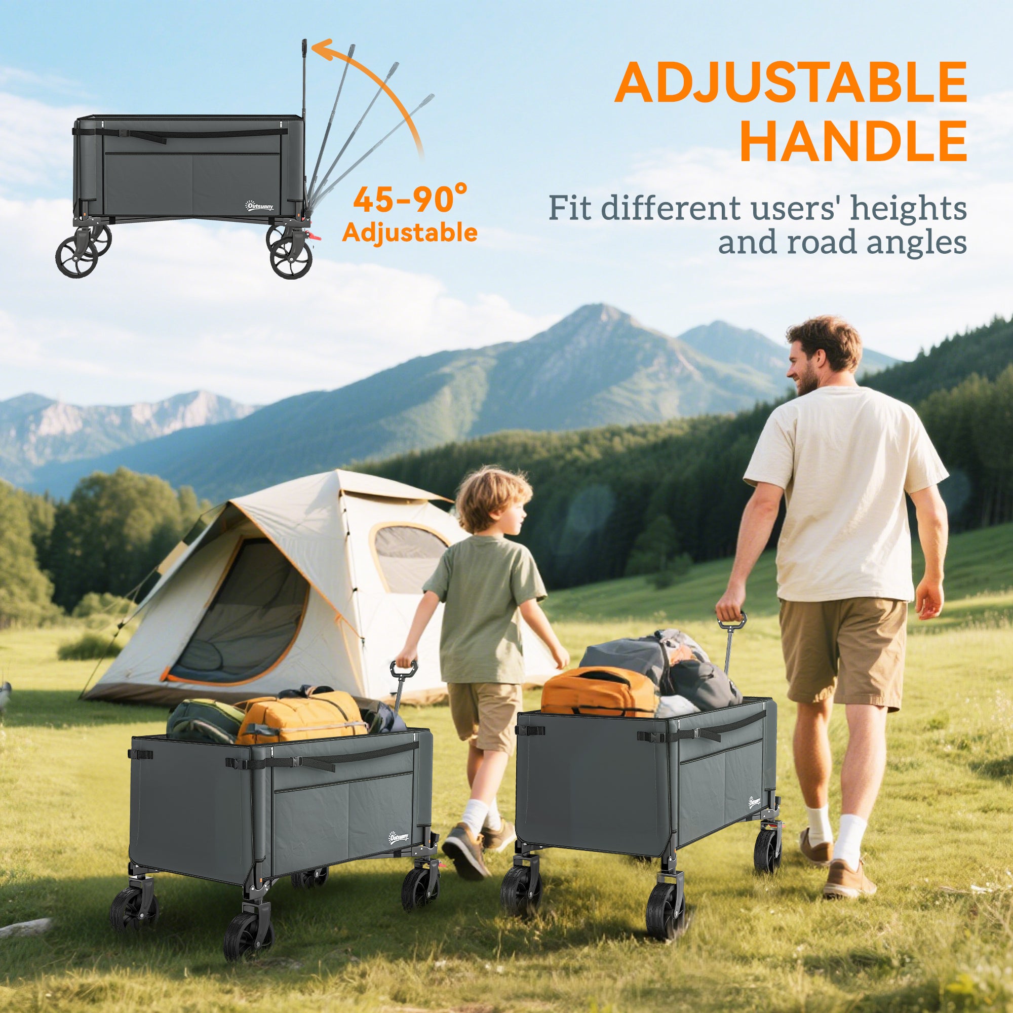 Outsunny Festival Trolley on Wheels, 150L Folding Camping Trolley Cart with Openable Sides, Adjustable Handle and Brakes for Shopping Beach Garden Fishing, Grey