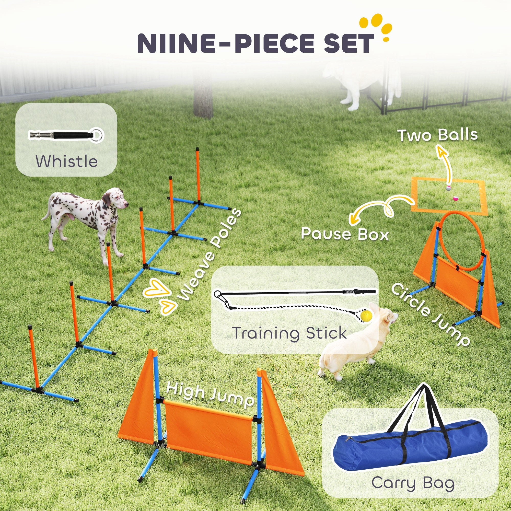 PawHut Seven-Piece Dog Agility Equipment Set with Weave Poles, Jump Ring, Hurdle, Pause Box, Carry Bag, Orange