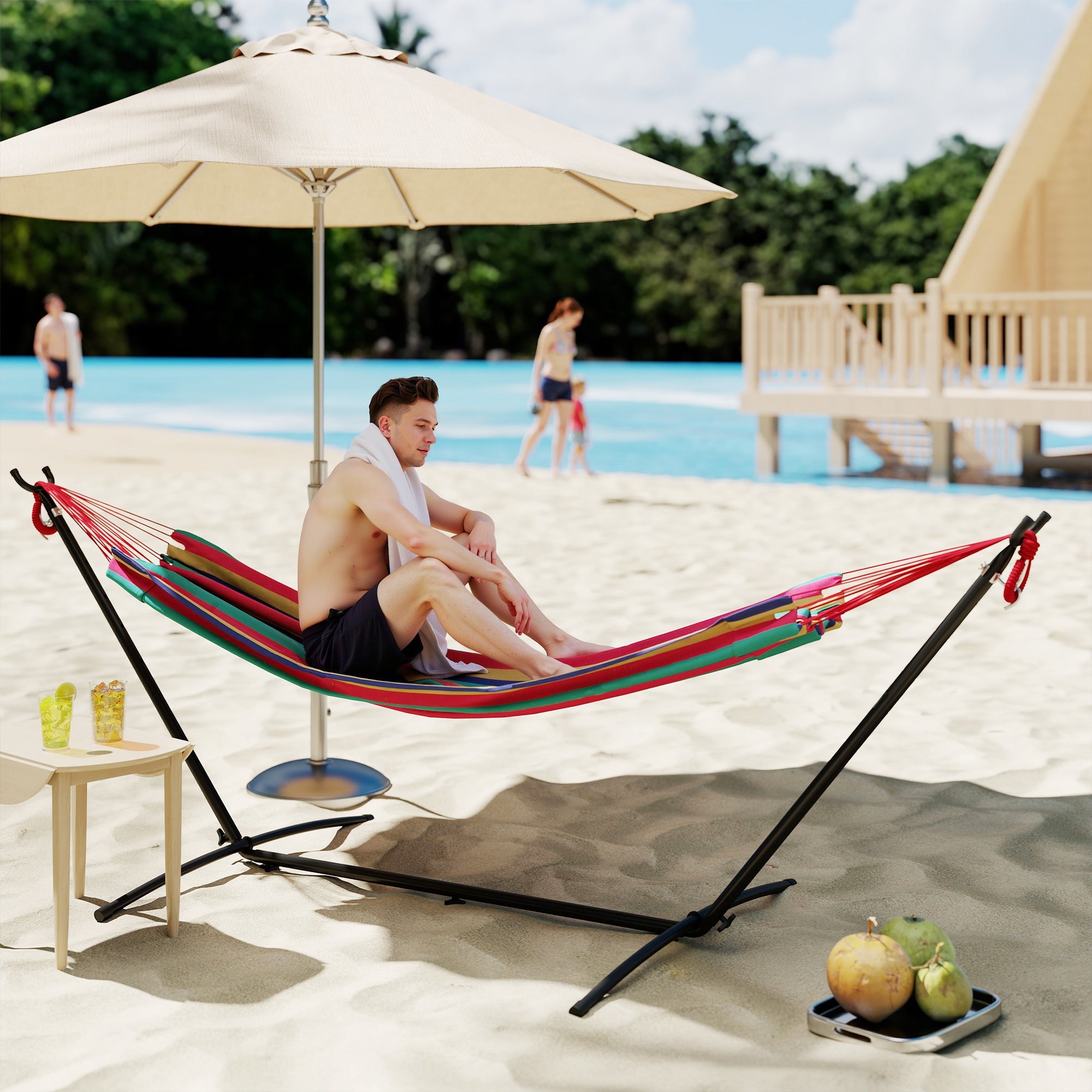 Outsunny 298 x 117cm Hammock with Stand Camping Hammock with Portable Carrying Bag, Adjustable Height, 120kg Load Capacity, Red Stripe