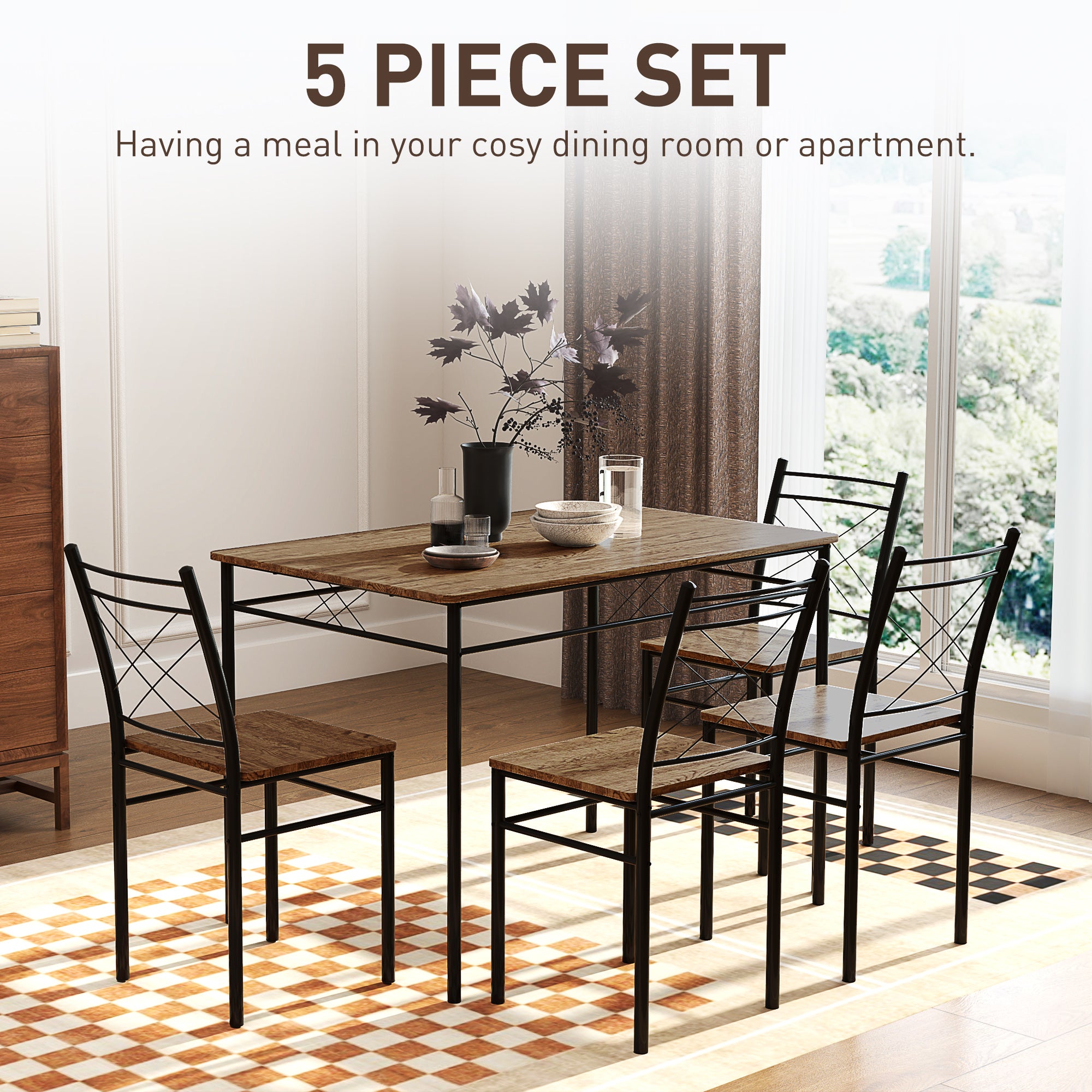 HOMCOM Modern Dining Table Set for 4, Space-Saving 5 Pieces Kitchen Table Set with Rectangle Table and Steel Frame, Oak