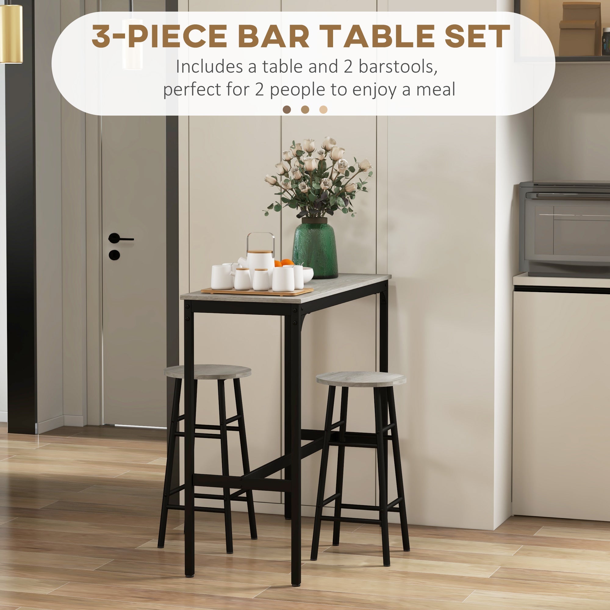 HOMCOM 3 Piece Bar Table Set with 2 Stools, Industrial Bar Table and Stool Set, Dining Table and Chair Set, Grey