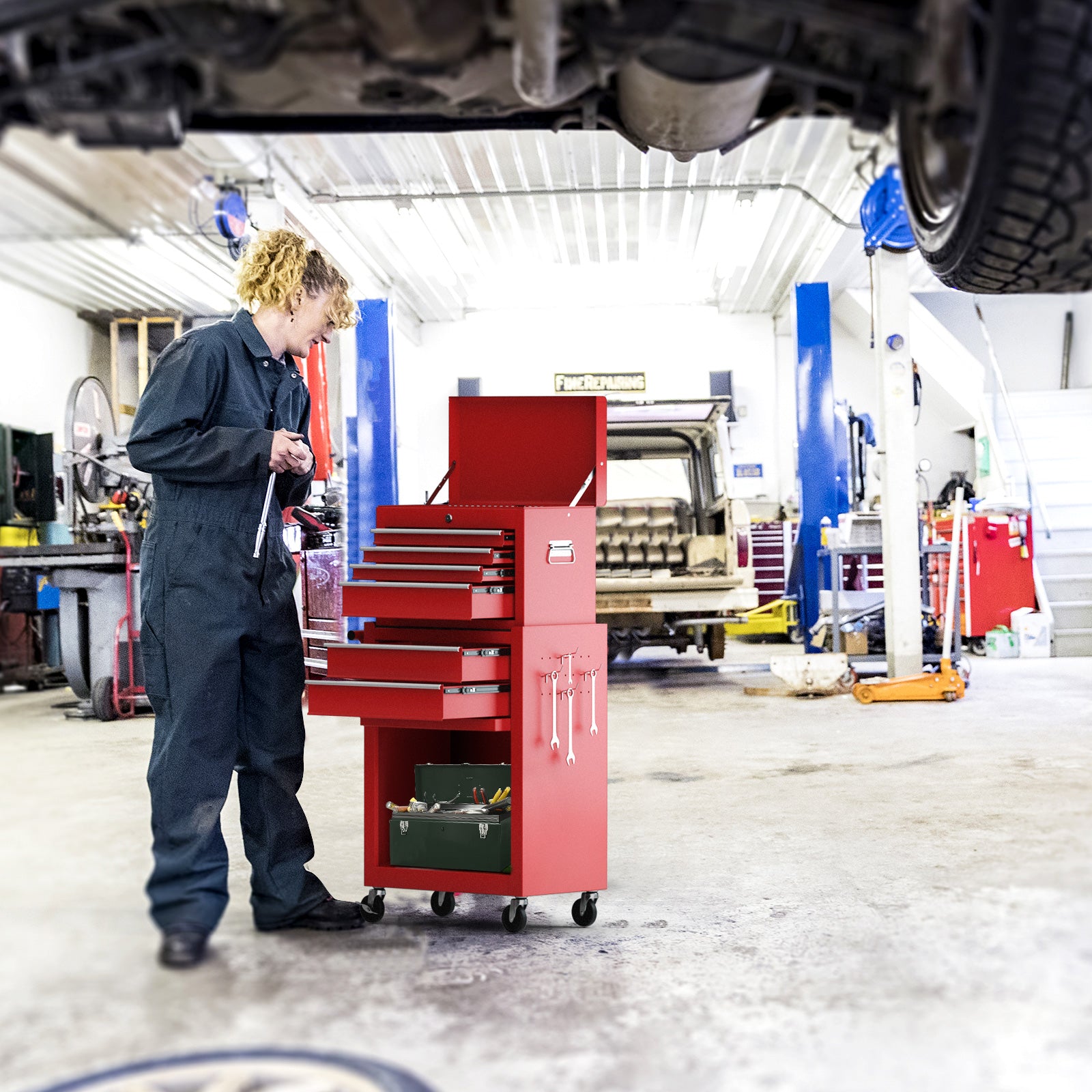 Detachable Tool Storage Cabinet with 4 Hooks and Wheels-Red