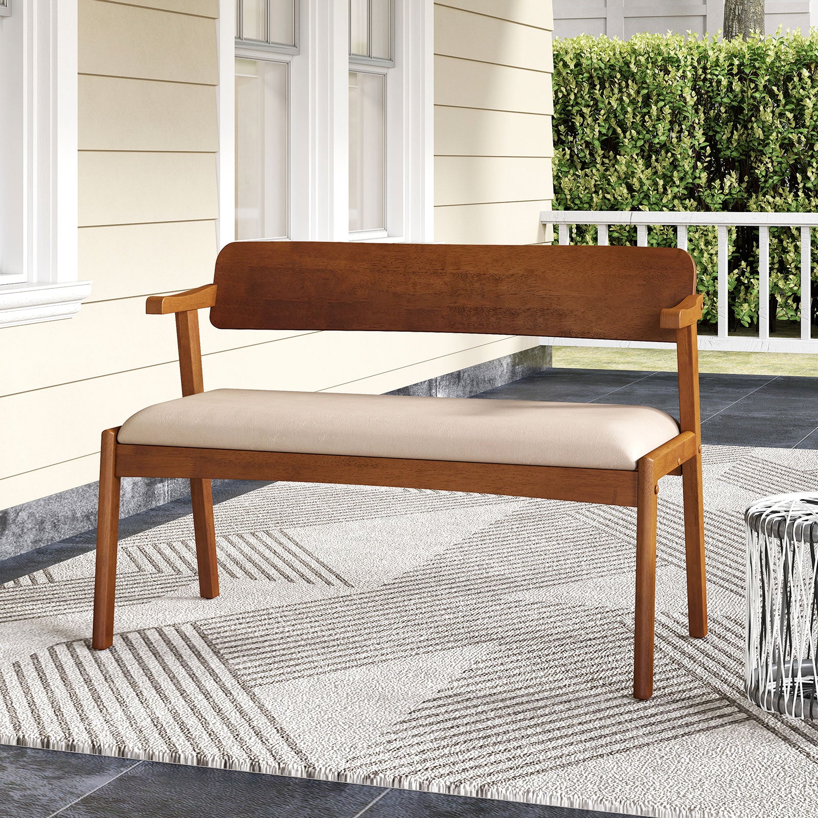 2-Seat Rubber Wood Bench with Padded Seat and Ergonomic Backrest-Walnut