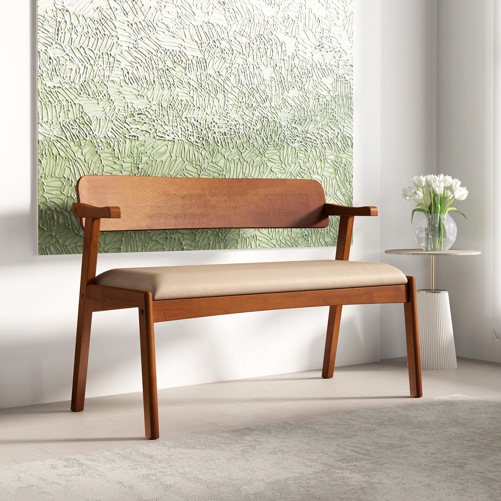 2-Seat Rubber Wood Bench with Padded Seat and Ergonomic Backrest-Walnut