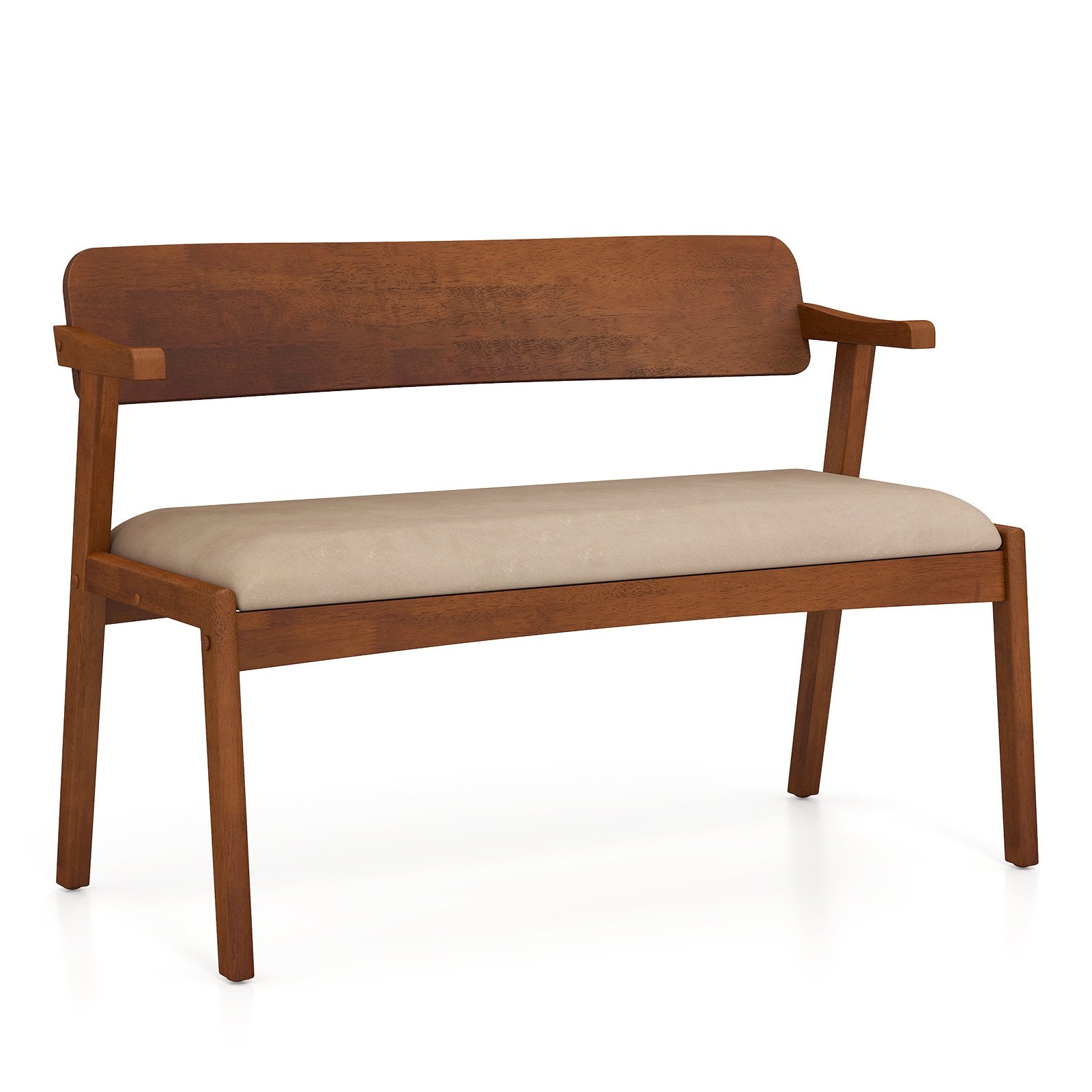 2-Seat Rubber Wood Bench with Padded Seat and Ergonomic Backrest-Walnut