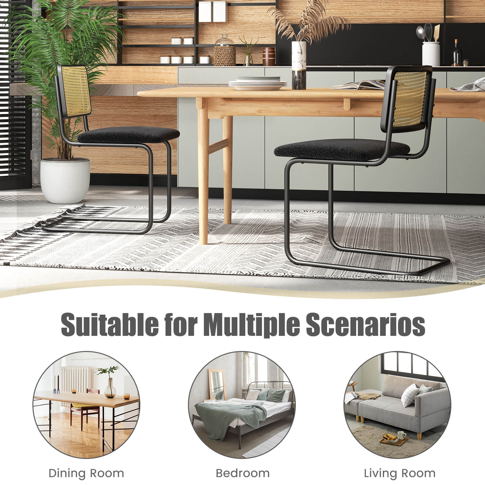 2 Pieces Mid-Century Modern Dining Chair with Cantilever Design-Black