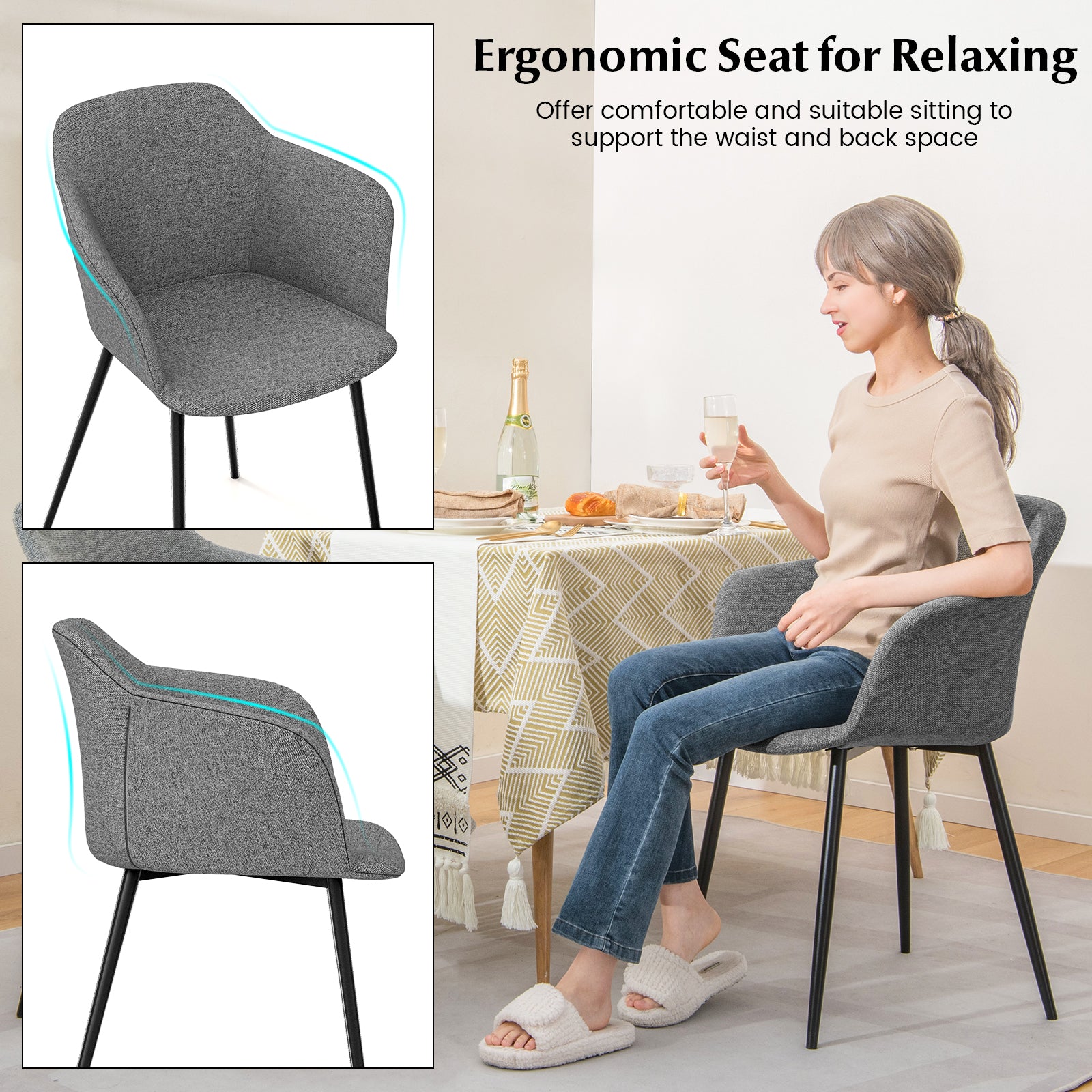 Dining Chairs Set of 2 with Ergonomic Backrest Design and Wide Armrest-Dark Grey