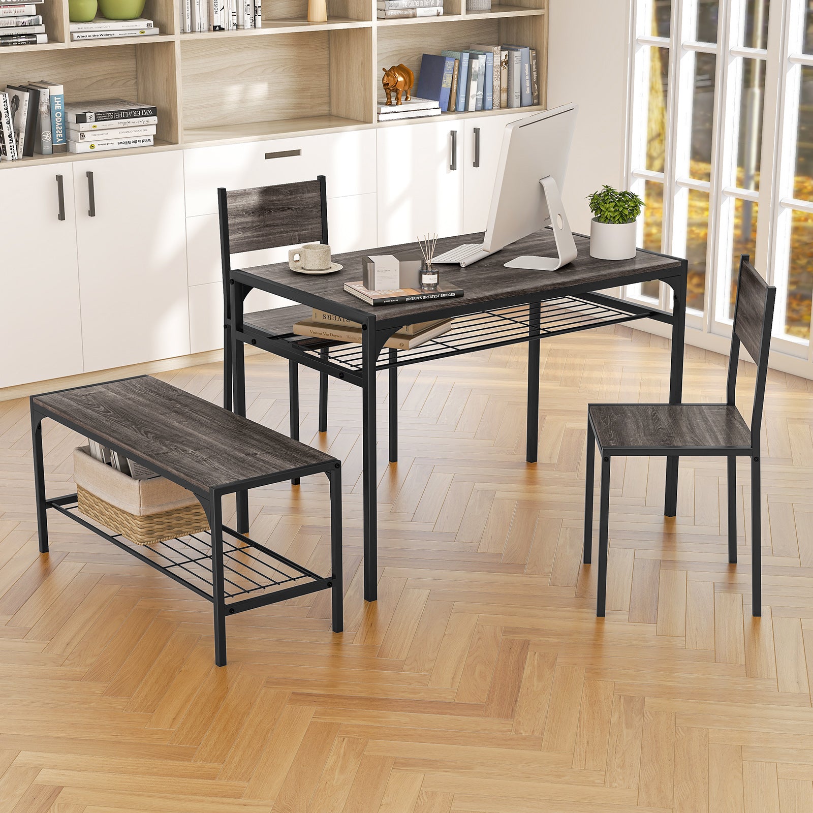 Dining Table Set for 4 with Storage Racks and Metal Frame-Grey