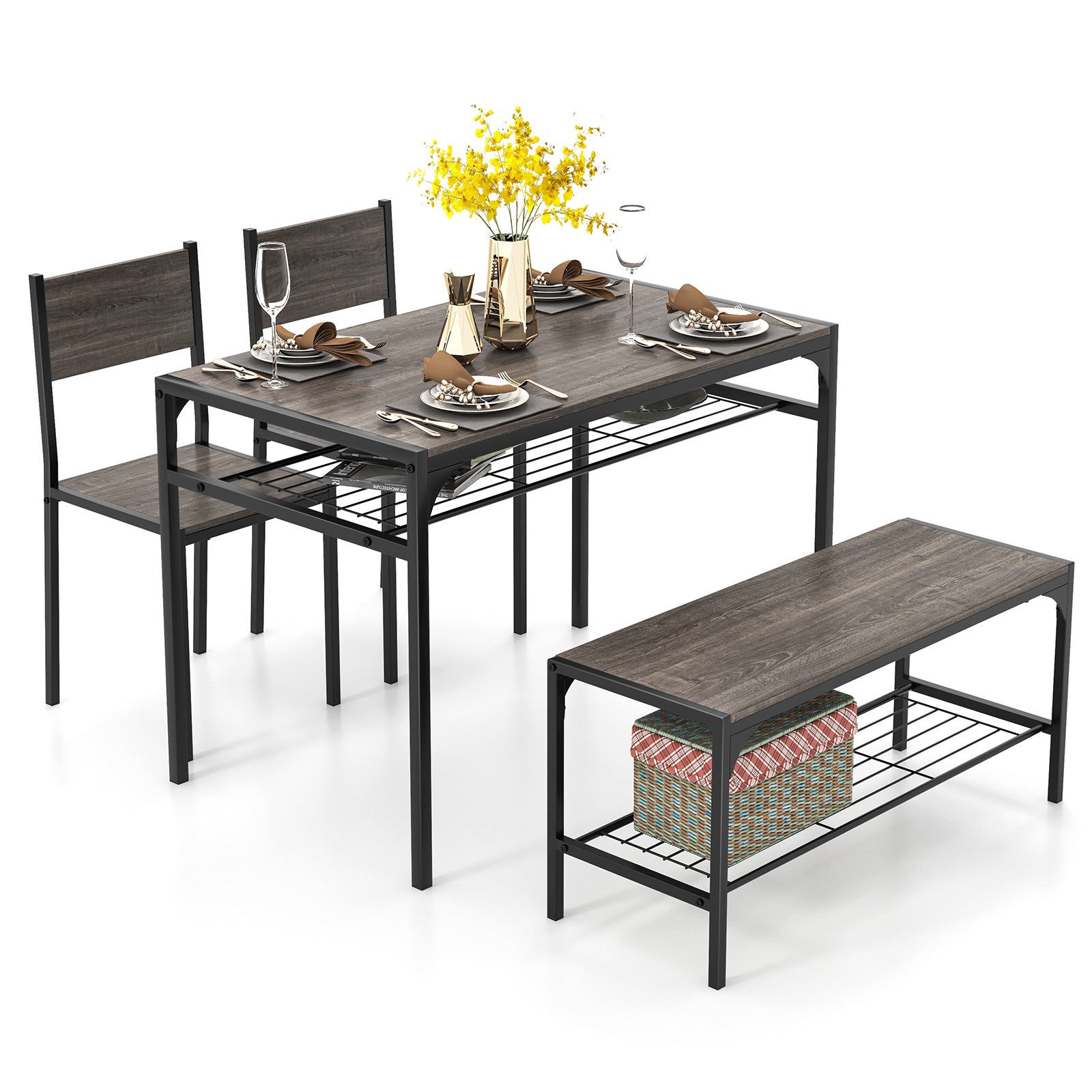 Dining Table Set for 4 with Storage Racks and Metal Frame-Grey
