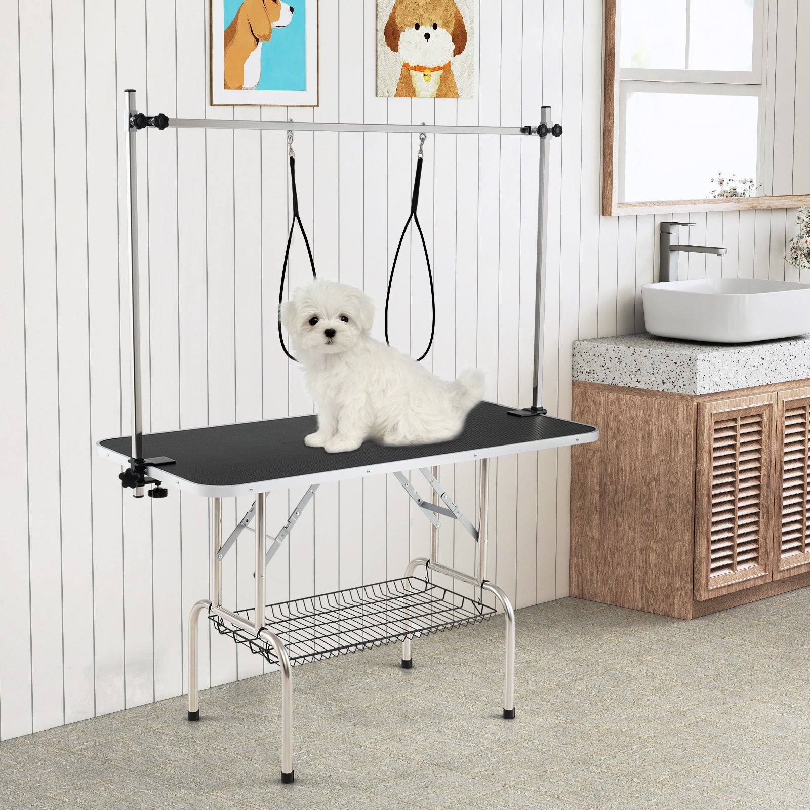 Foldable Dog Grooming Table with Height Adjustable Arms and Mesh Tray-Black