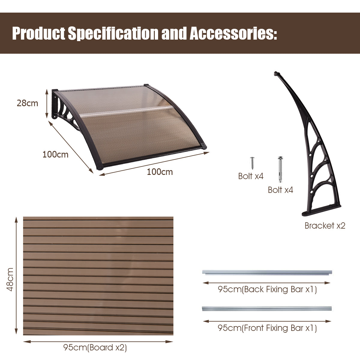 Door Canopy Awning Shelter Front Back Porch Window Roof Outdoor Shade 100*100CM-Brown