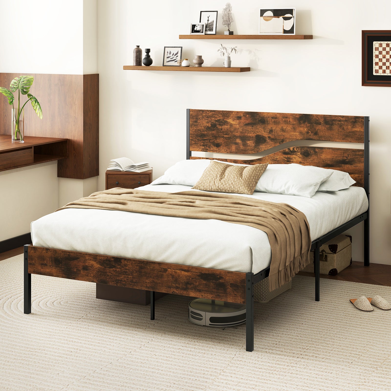 Single/Double/King Metal Bed Frame with Wooden Headboard and Footboard-Rustic Brown-Double Size