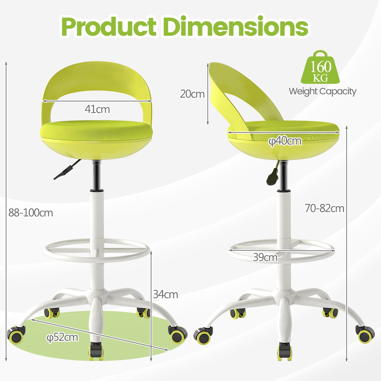Drafting Stool Rolling Tall Desk Chair with Wheels-Green