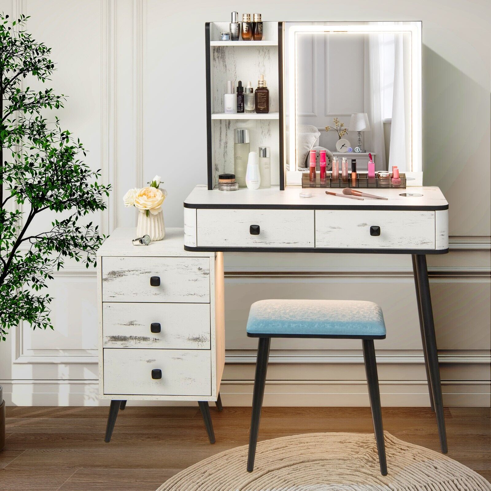 Vanity Table Set with 3-Color LED Lights Mirror and Charging Station-White