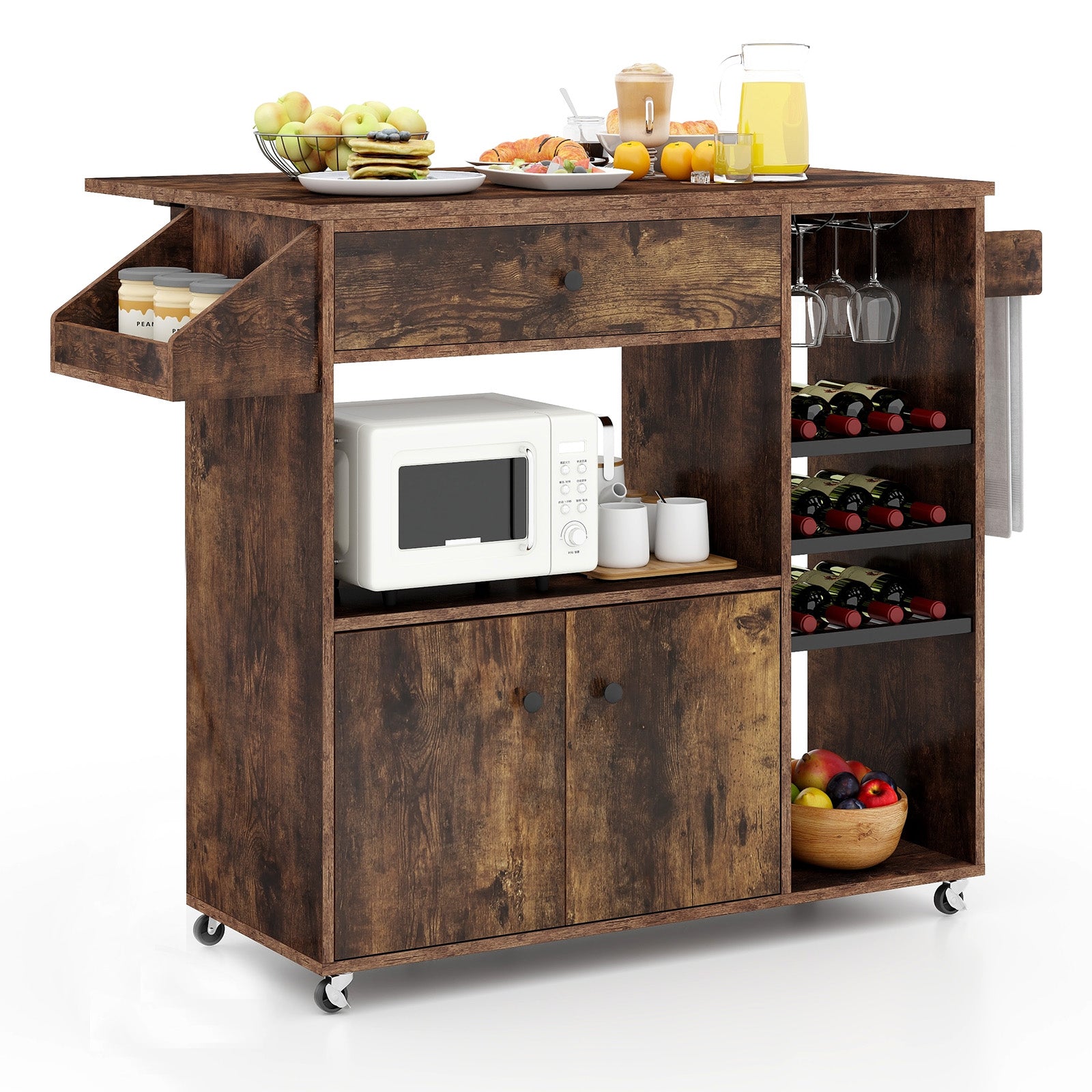 Mobile Drop Leaf Kitchen Island Cart with Microwave Shelf and Wine Rack-Rustic Brown