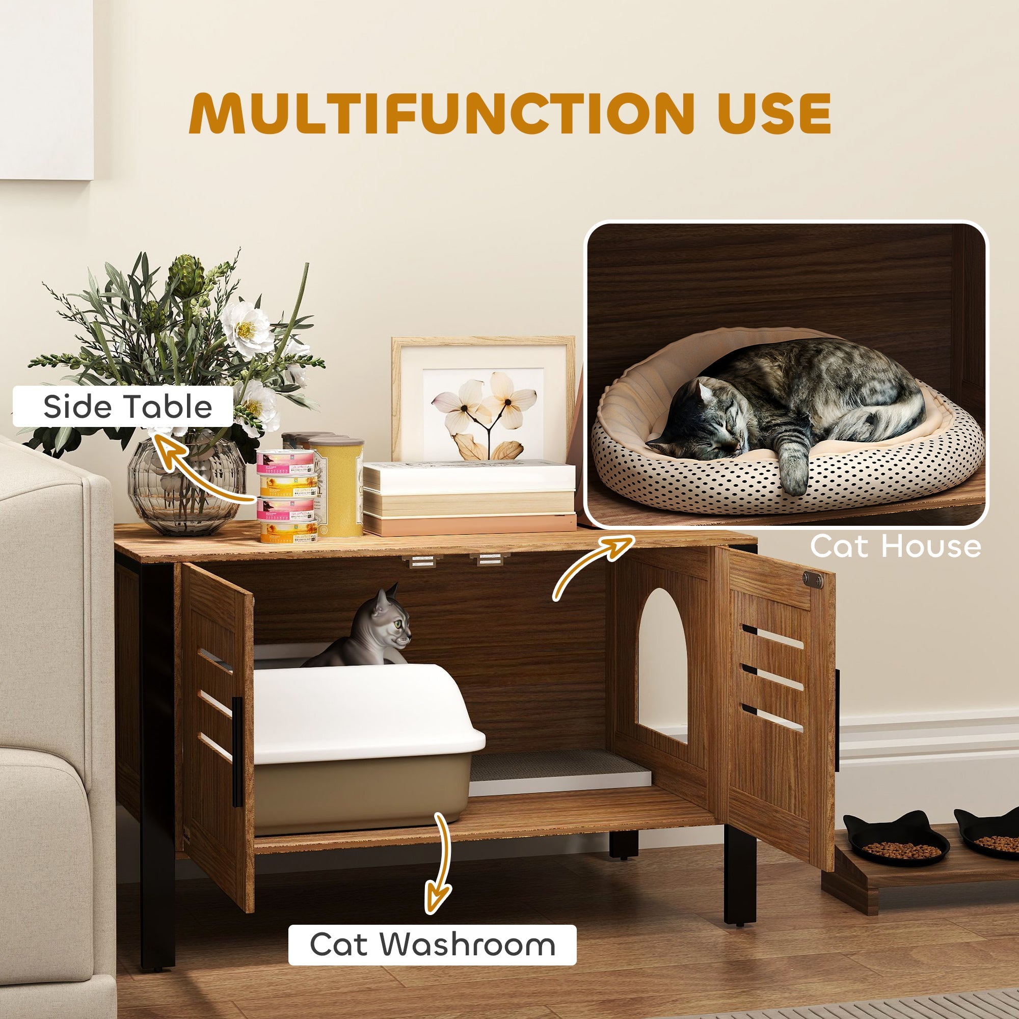 PawHut Cat Litter Box Enclosure with Tall Legs, Scratching Board, Double Doors, Ventilation Holes, 80 x 45 x 50 cm, Dark Brown