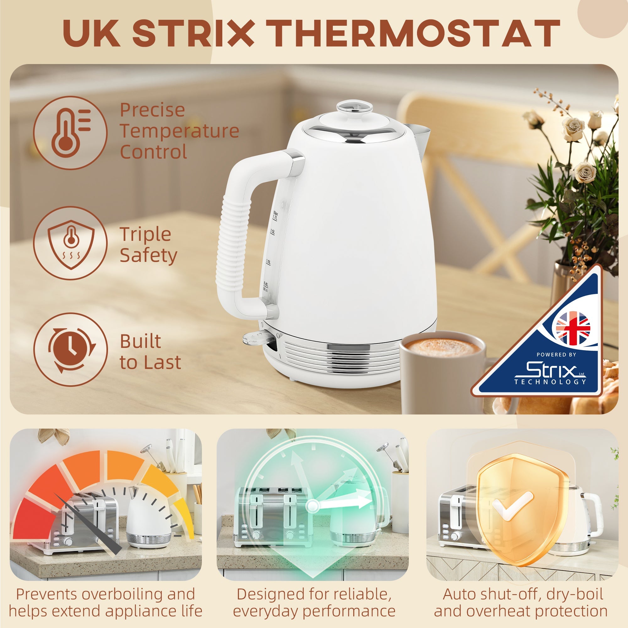 HOMCOM Stainless Steel Kettle and Toaster Set, 1.7L 3000W Rapid Boil Jug Kettle with UK Strix Thermostat, Limescale Filter, 4 Slice Toaster with 7 Browning Controls, Crumb Tray, White and Silver Tone