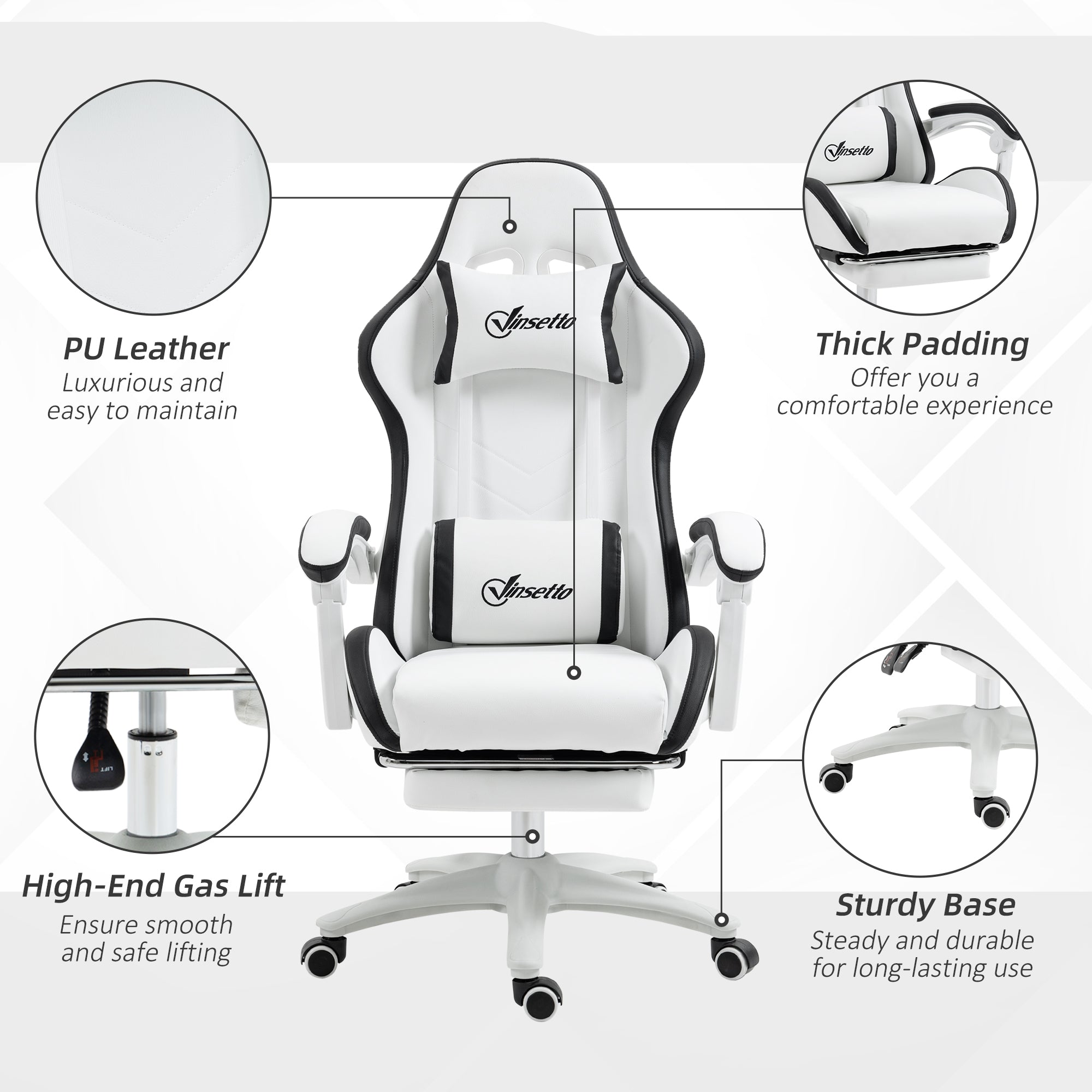 Vinsetto Computer Gaming Chair, PU Leather Office Desk Chair with Footrest, Swivel Wheels, 135√Ç¬∞ Reclining Back, Lumbar Support, Headrest for Home, White and Black