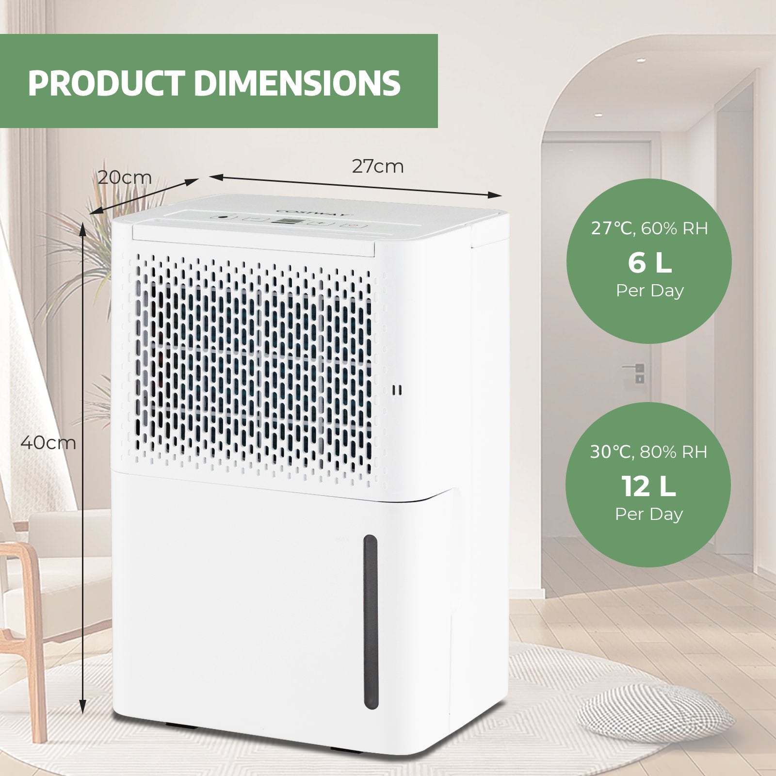 12L/Day Dehumidifier with Continuous Drying Auto Mode and 24H Timer-White