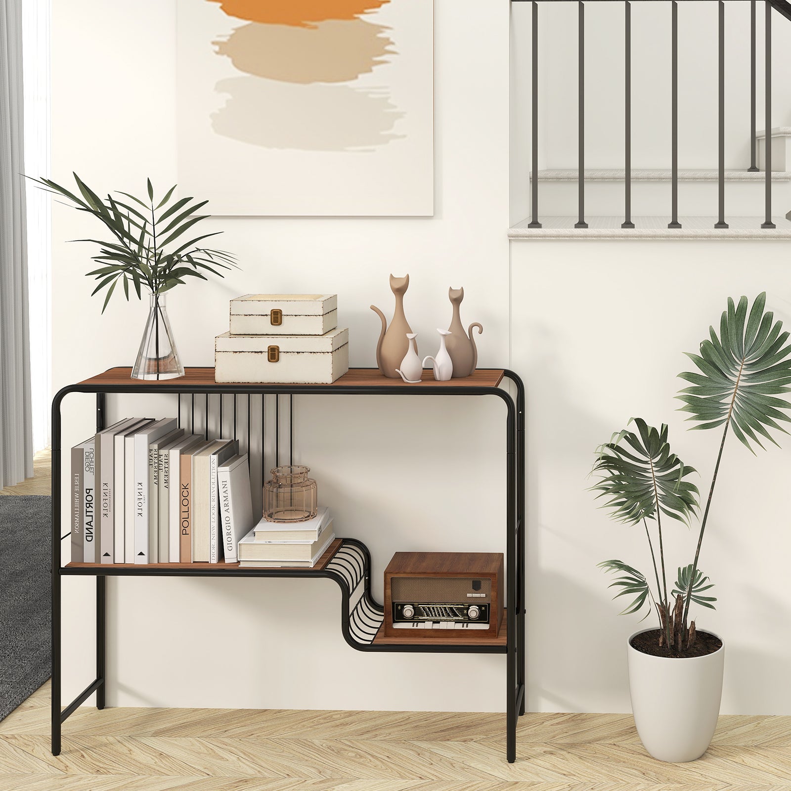 2-Tier Console Table with Storage Shelf and Metal Frame