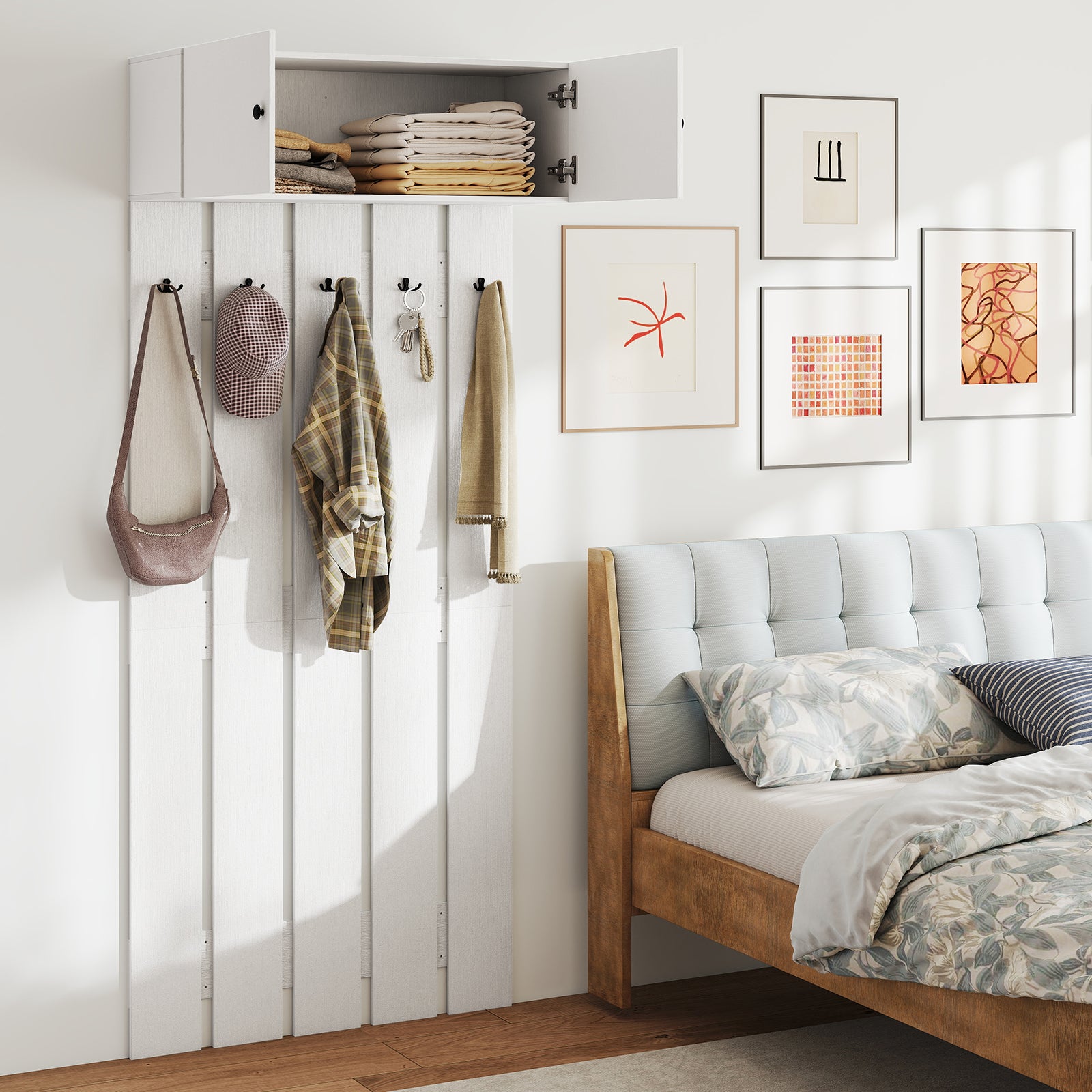 Entryway Wall Mounted Coat Rack Coat Rack with 5 Double Hooks and 2-Door Cabinet-White