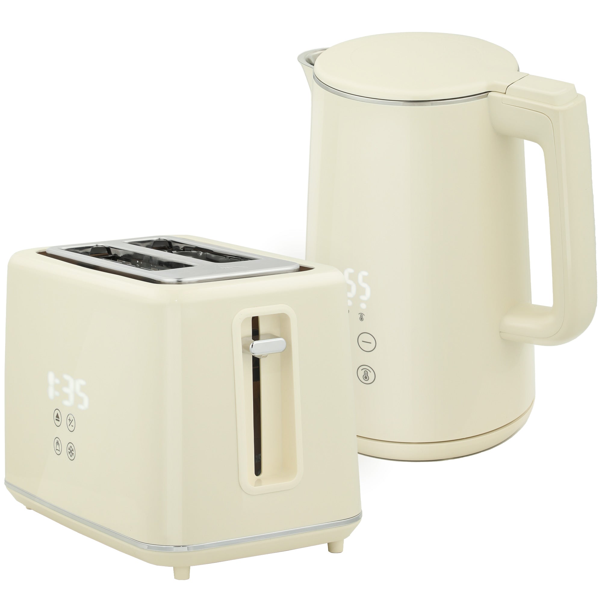 HOMCOM Digital Kettle and Toaster Set, 1.5L 3000W Fast Boil Kettle, 2 Slice Toaster Kitchen Set with 7 Level Browning Controls, Defrost, Reheat, Keep Warm, Crumb Tray and LED Touch Display, Beige