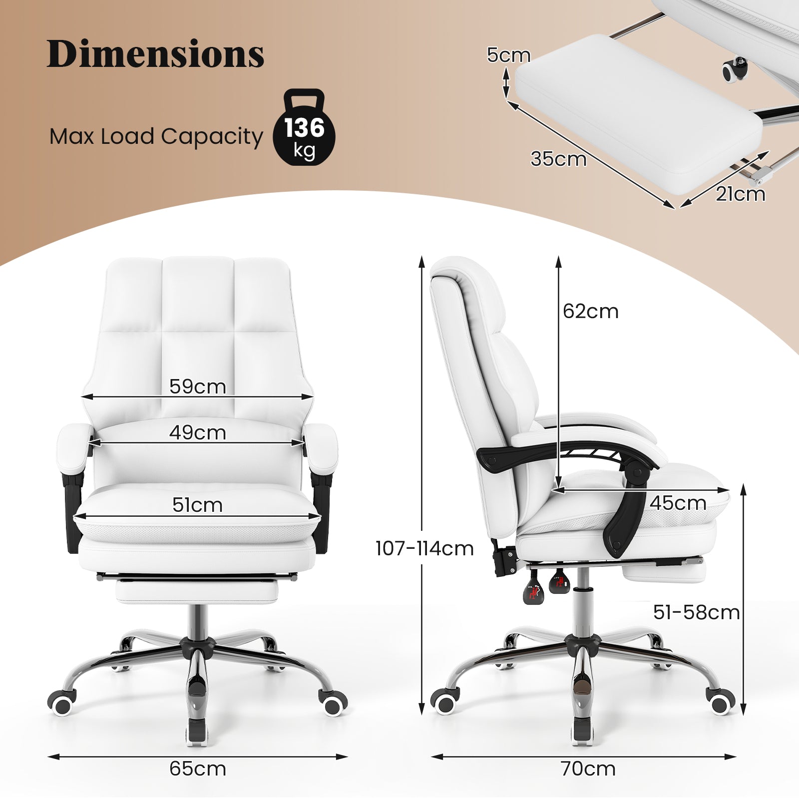 Ergonomic Office Chair PU Leather Adjustable Swivel with Reclining Backrest-White