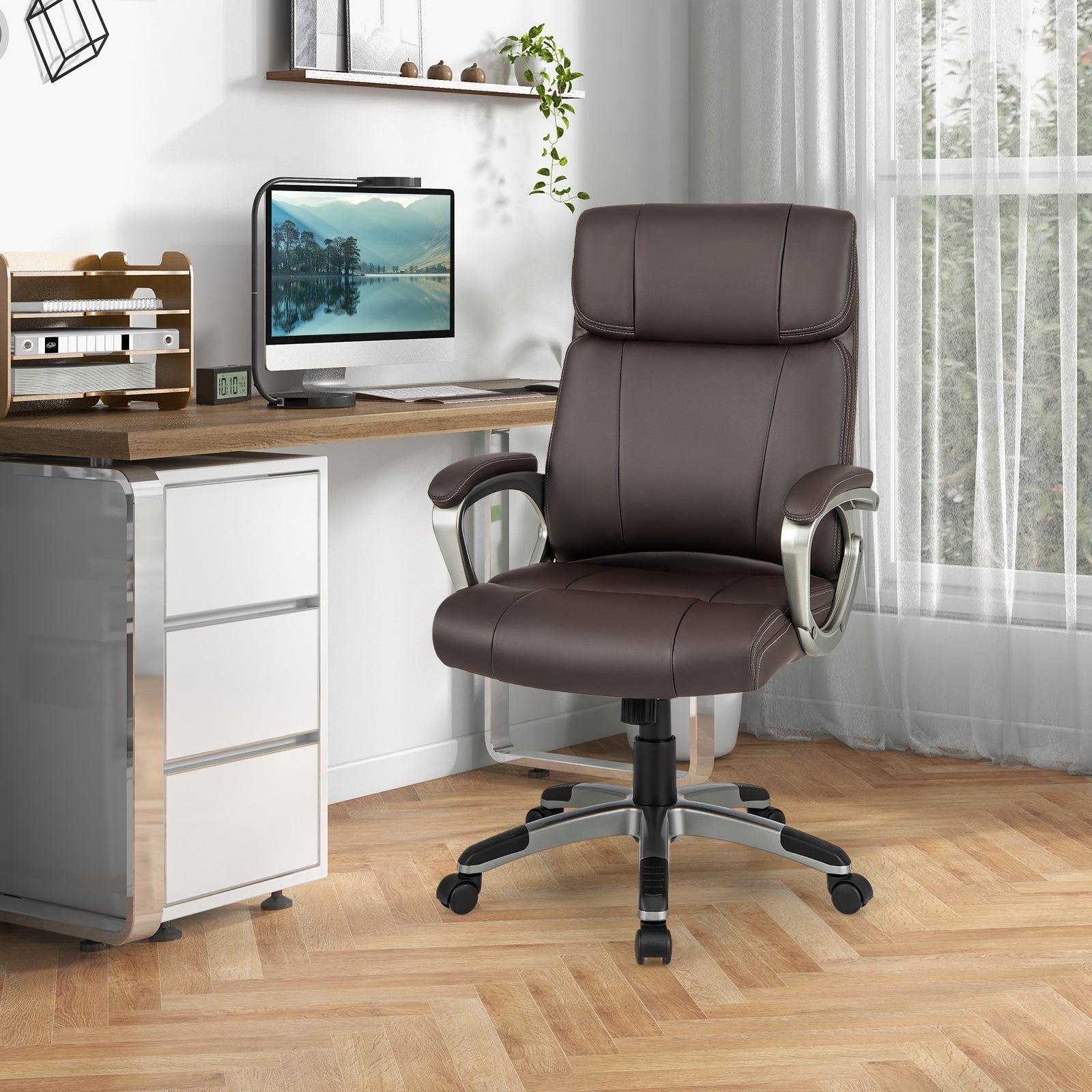 Ergonomic Office Chair with Flip-up Armrests and Rocking Function-Brown
