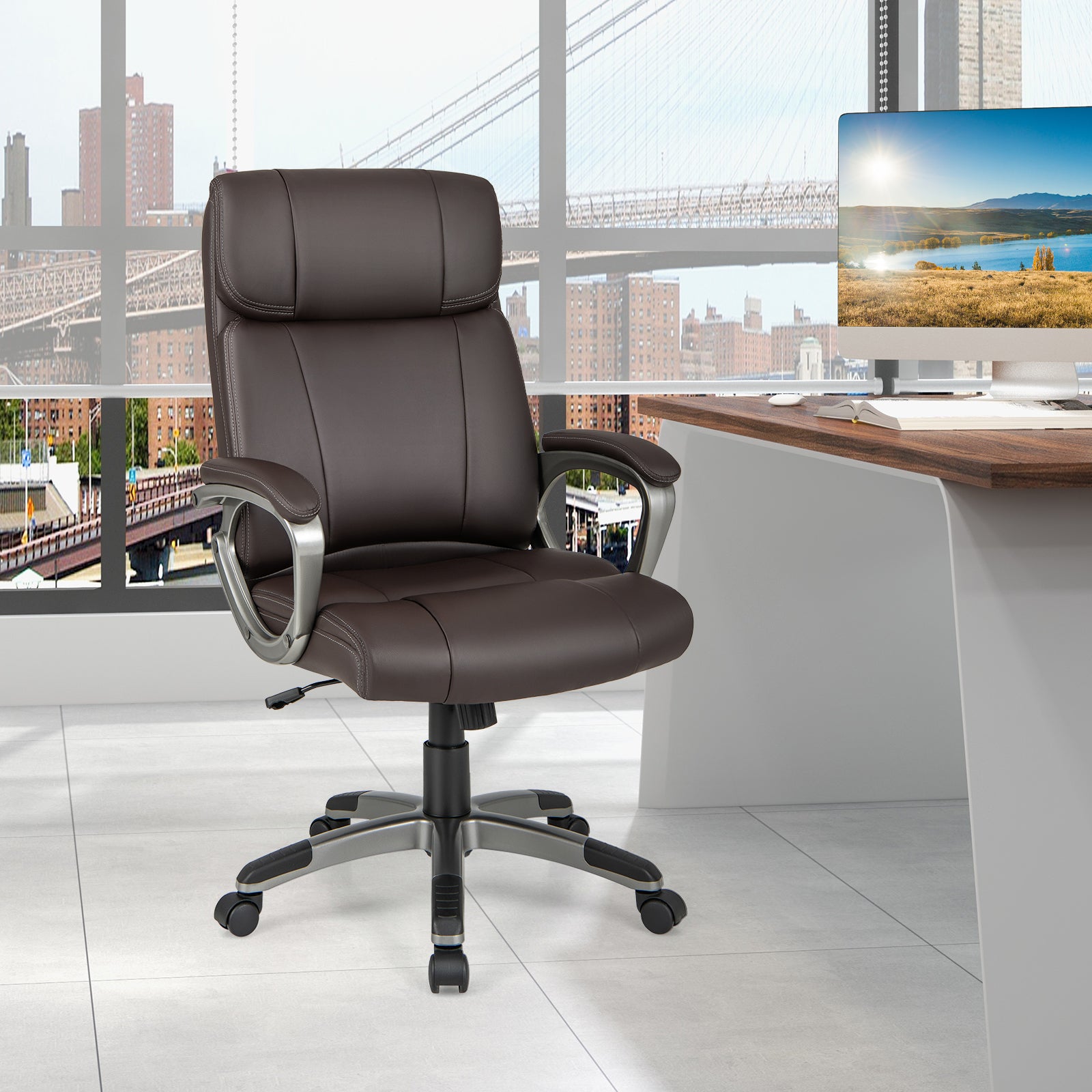 Ergonomic Office Chair with Flip-up Armrests and Rocking Function-Brown