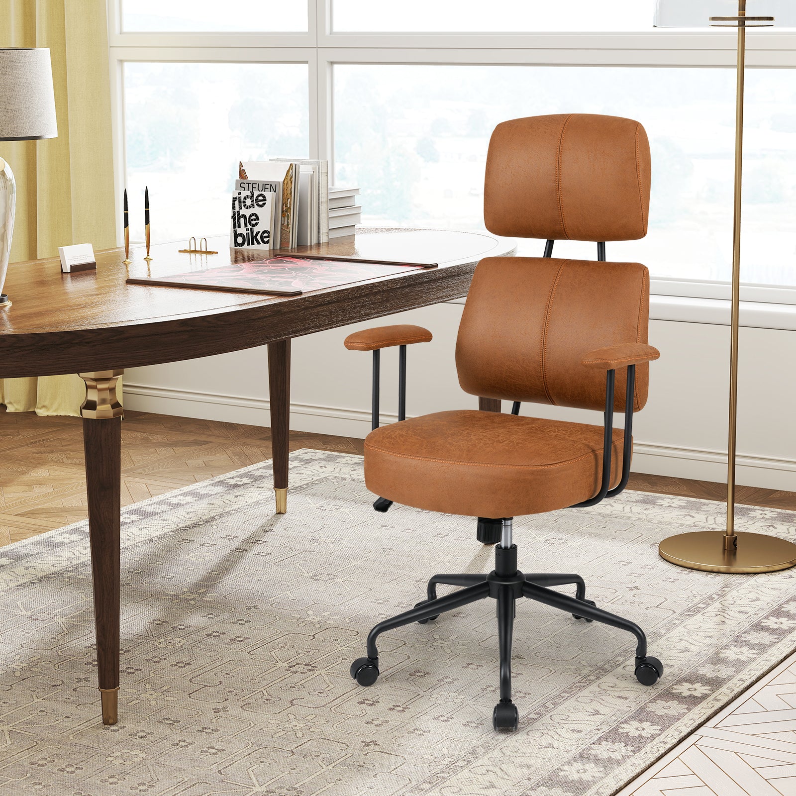 Ergonomic Office Chair with Adjustable Headrest and Spring Cushion Seat-Brown