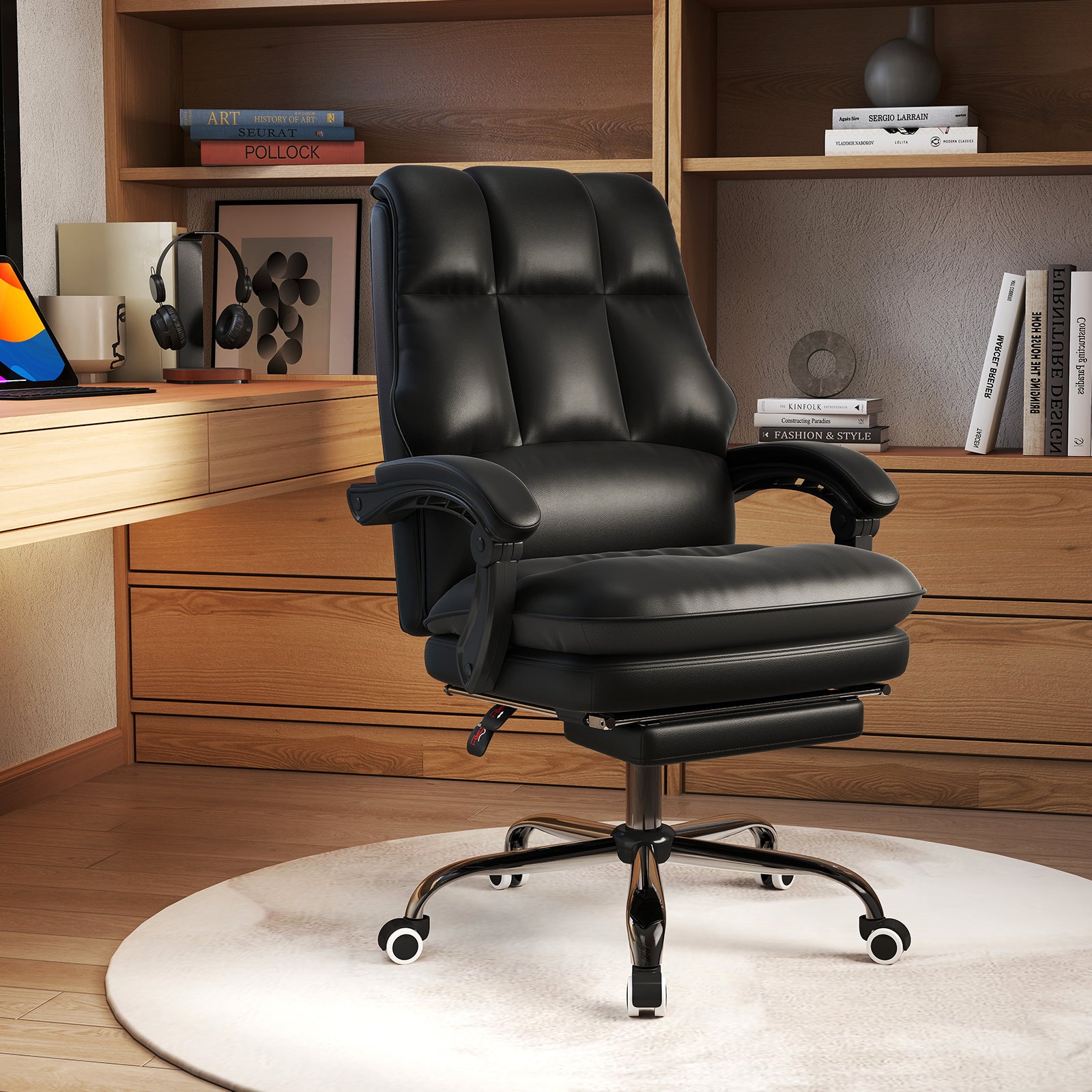 Ergonomic Office Chair PU Leather Adjustable Swivel with Reclining Backrest-Black