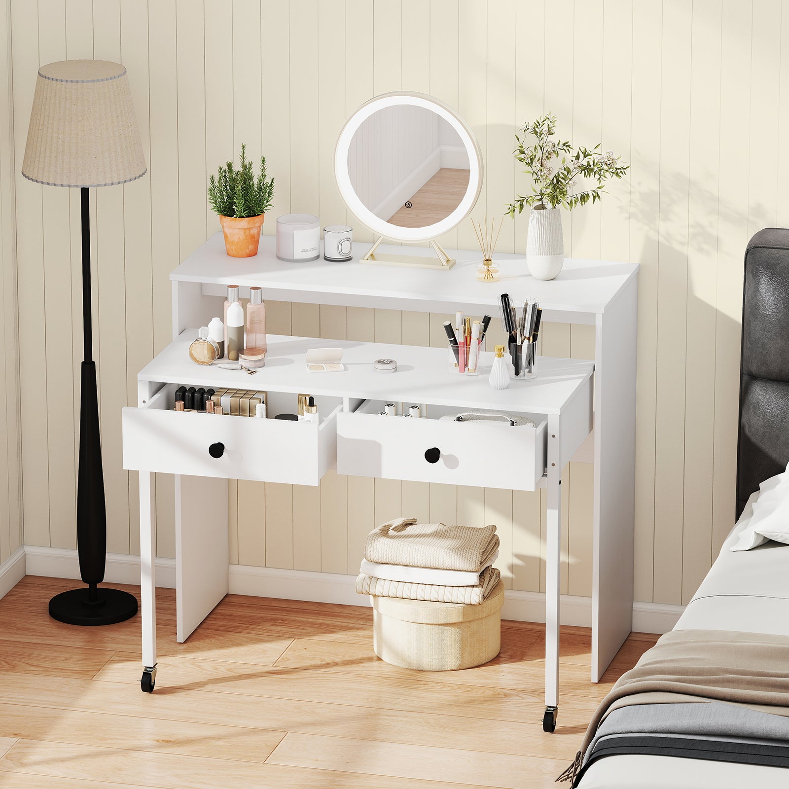 Extendable Computer Desk with 2 Storage Drawers Convertible Home Office Desk -White