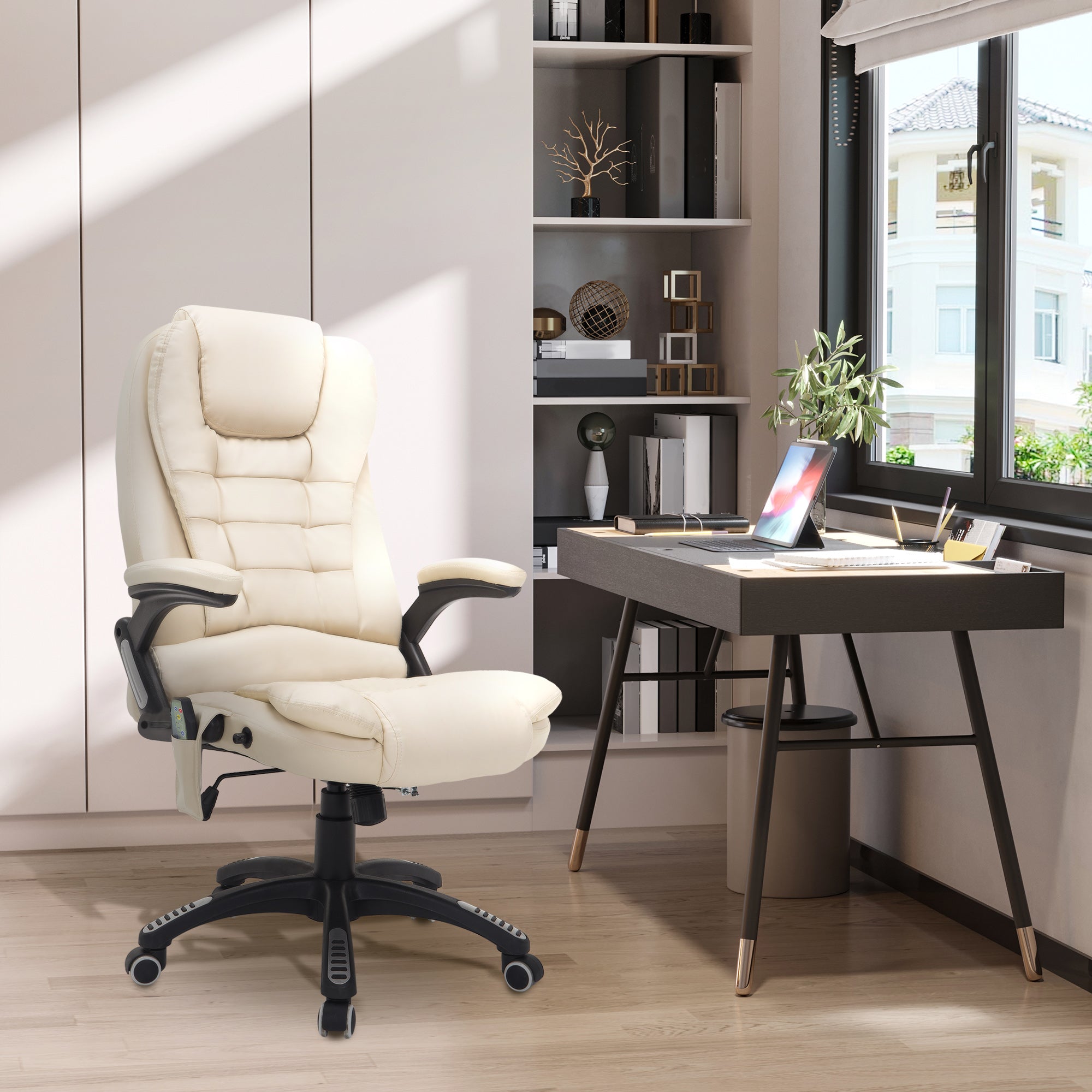 HOMCOM 6-Point Massage Office Chair with Seat Heated for Home Office, PU Leather High Back Executive Desk Chair with Adjustable Height and 360√Ç¬∞ Swivel for Work Study, Beige