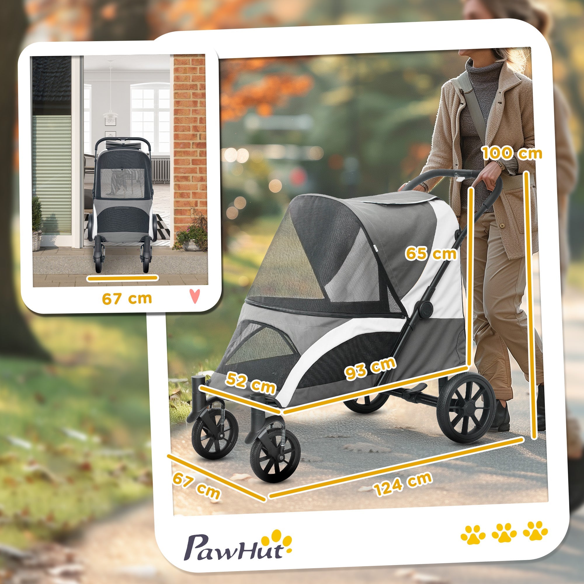 PawHut Foldable Pet Stroller for Large Dogs with 4 Big Wheels, Shock-Absorbing Frame, Safety Leashes, Brakes, Dark Grey