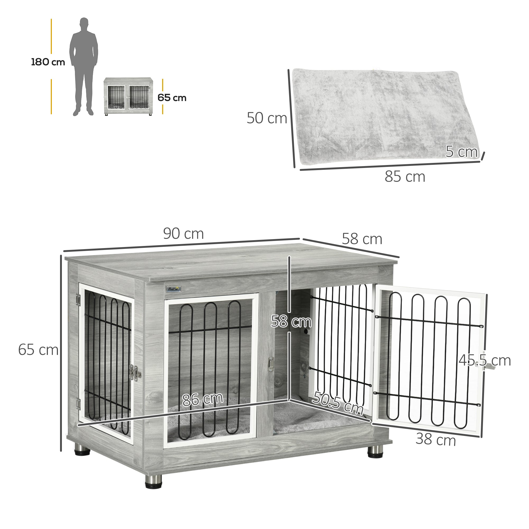 PawHut Dog Crate Furniture End Table, with Washable Cushion, Double Doors, for Medium/Large Dogs, Grey