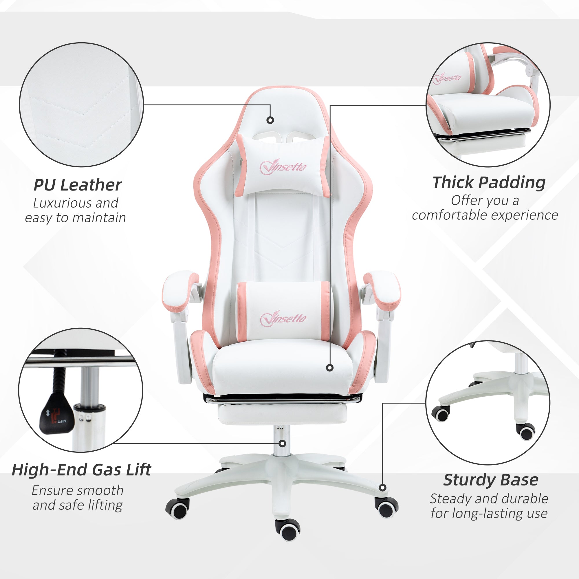 Vinsetto Computer Gaming Chair, PU Leather Office Desk Chair with Footrest, Swivel Wheels, 135√Ç¬∞ Reclining Back, Lumbar Support, Headrest for Home, White and Pink