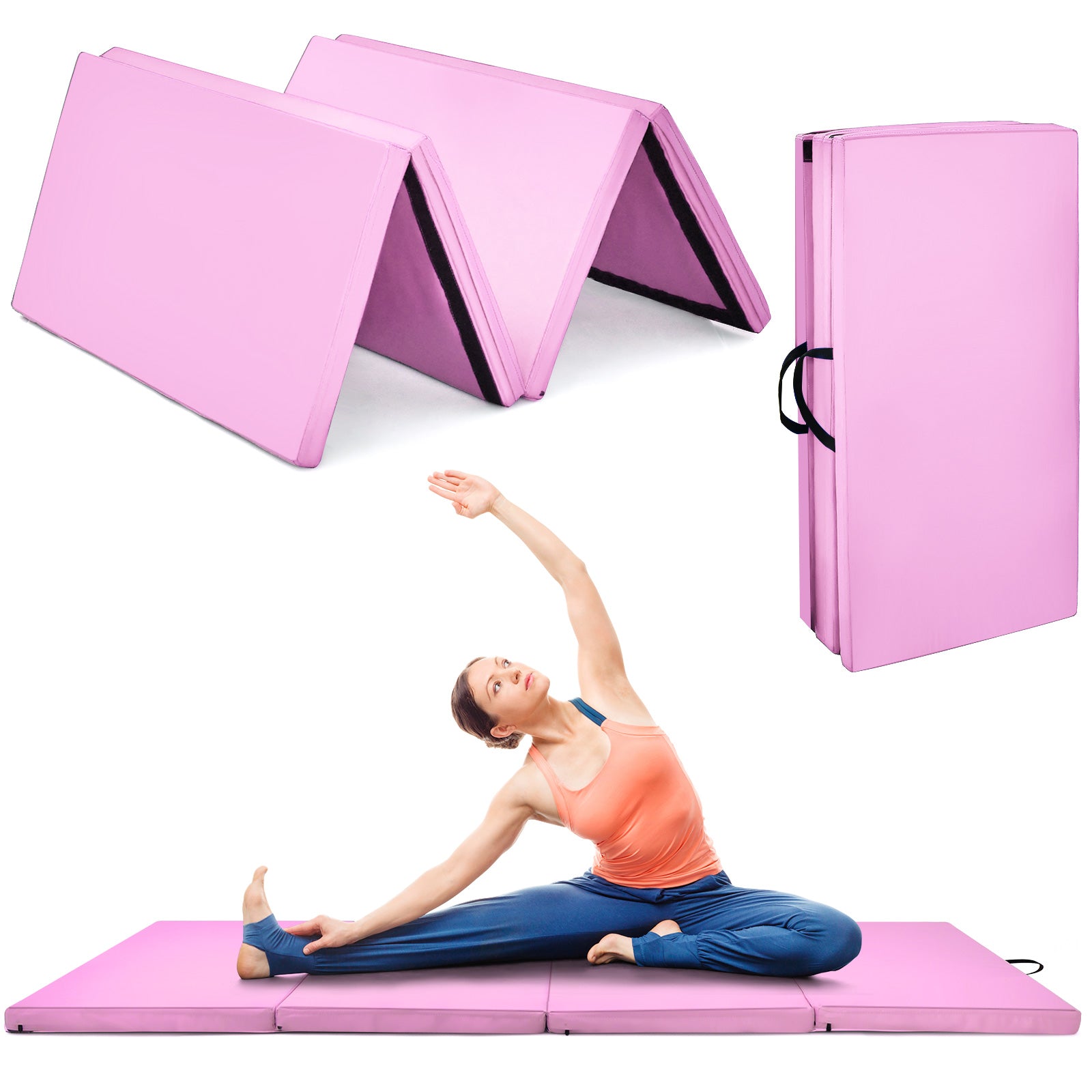 Folding Gymnastics Mat with Carry Handles, Hook and Loop Fasteners-Pink