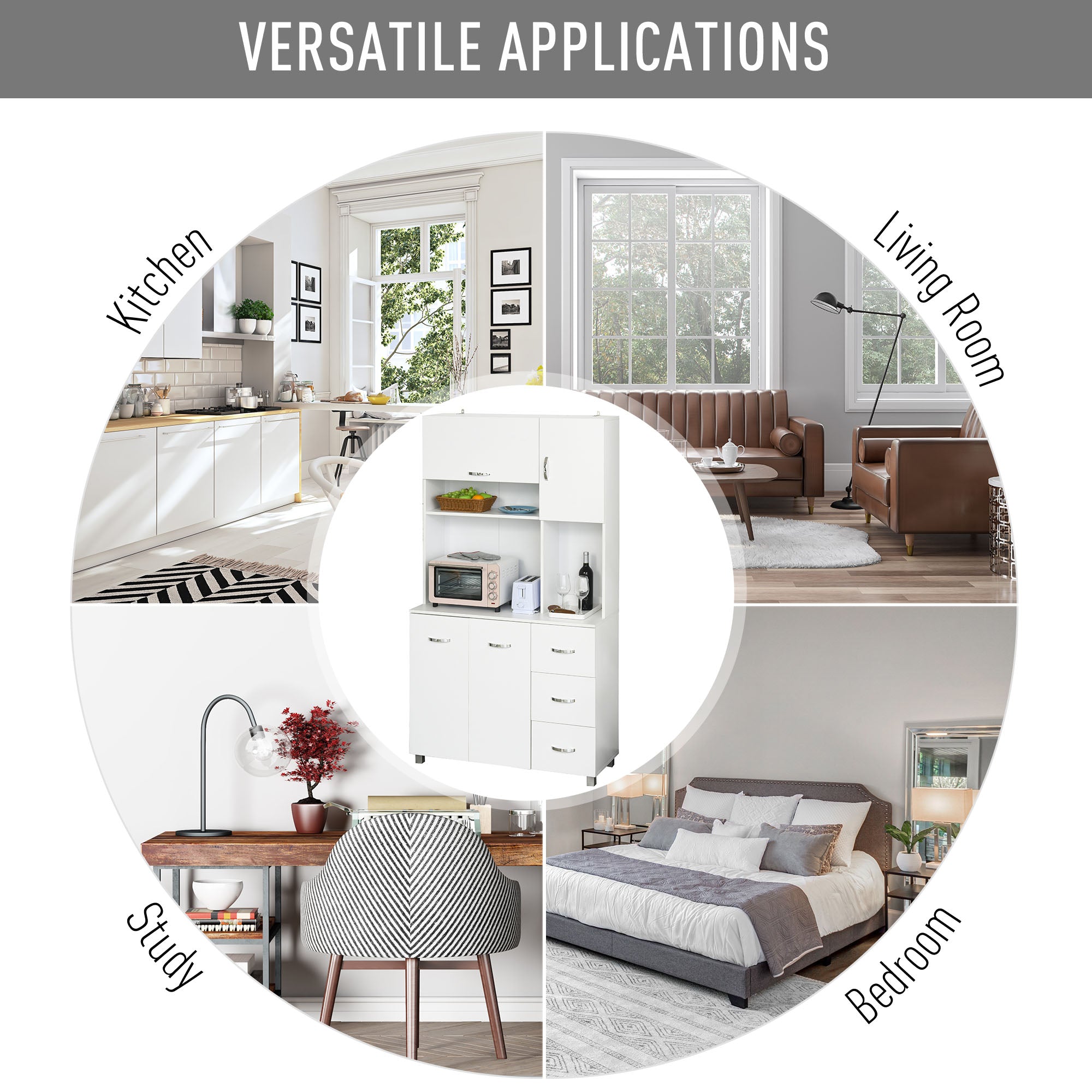 HOMCOM Kitchen Cupboard, 183cm Tall Storage Cabinet with Countertop, Sideboard with 3 Small Drawers, Flip Up Top Door, 3 Cabinet Doors and Open Shelves, 100W x 39.5D x 183.5H cm, White