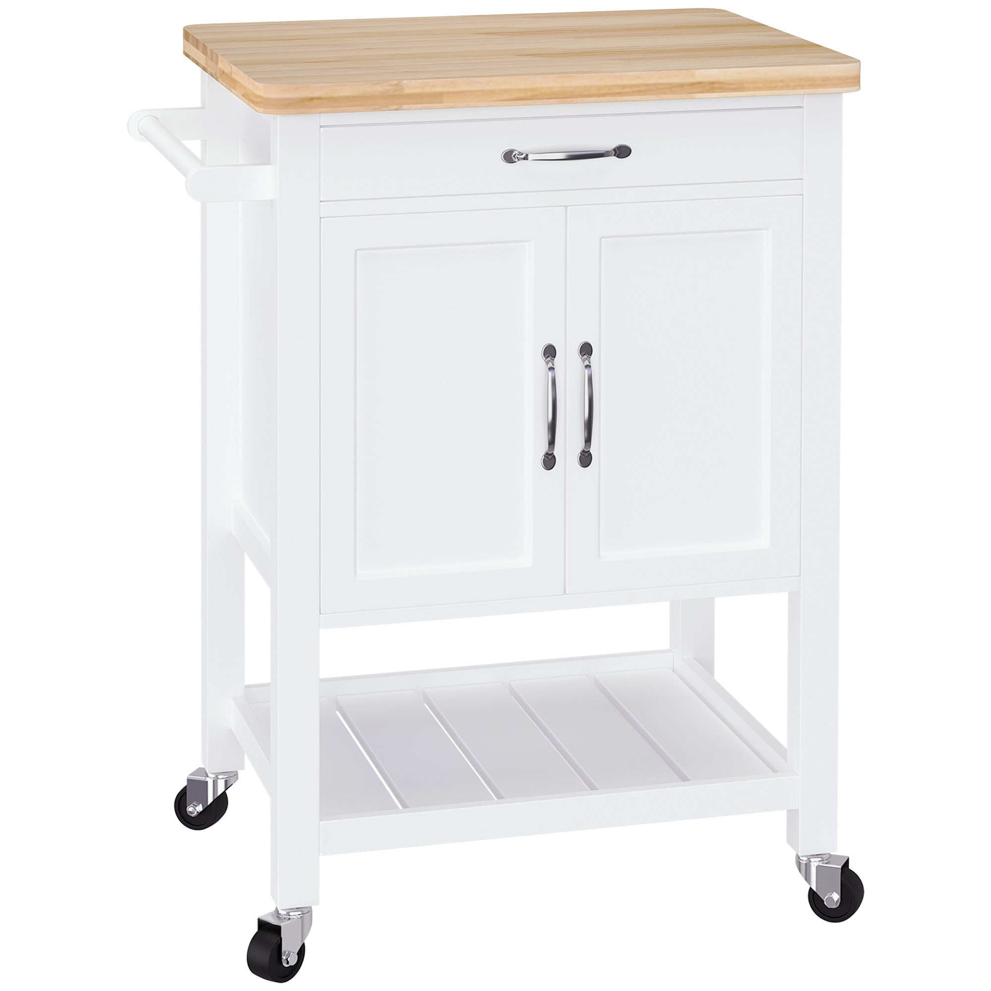 HOMCOM Kitchen Storage Trolley Cart Rolling Wheels Shelves Cupboard W/ Drawer And Towel Rail Rubber Wood Worktop White