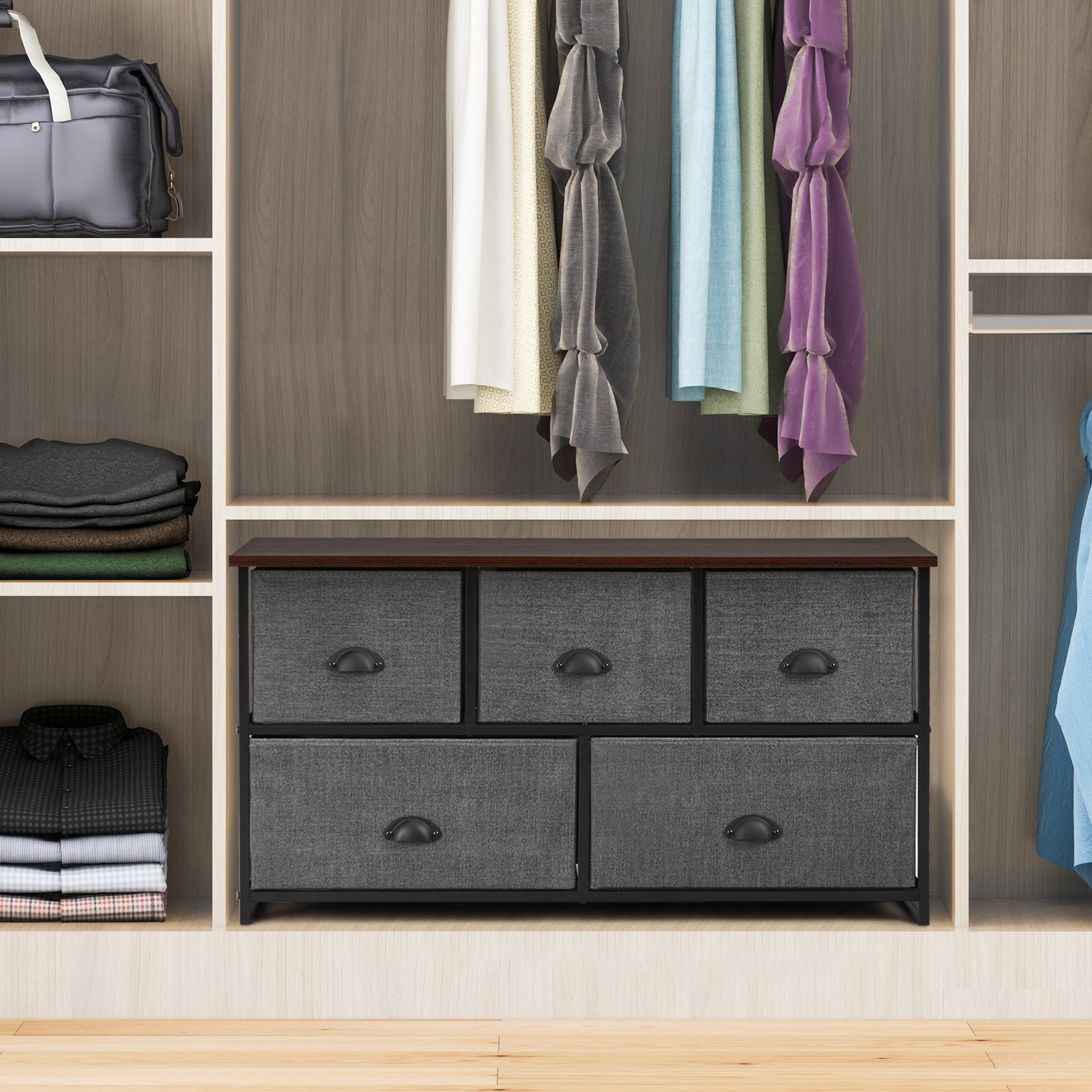 Fabric Drawer Cabinet for Wardrobe, Bedroom, Living Room-Black &amp; Grey