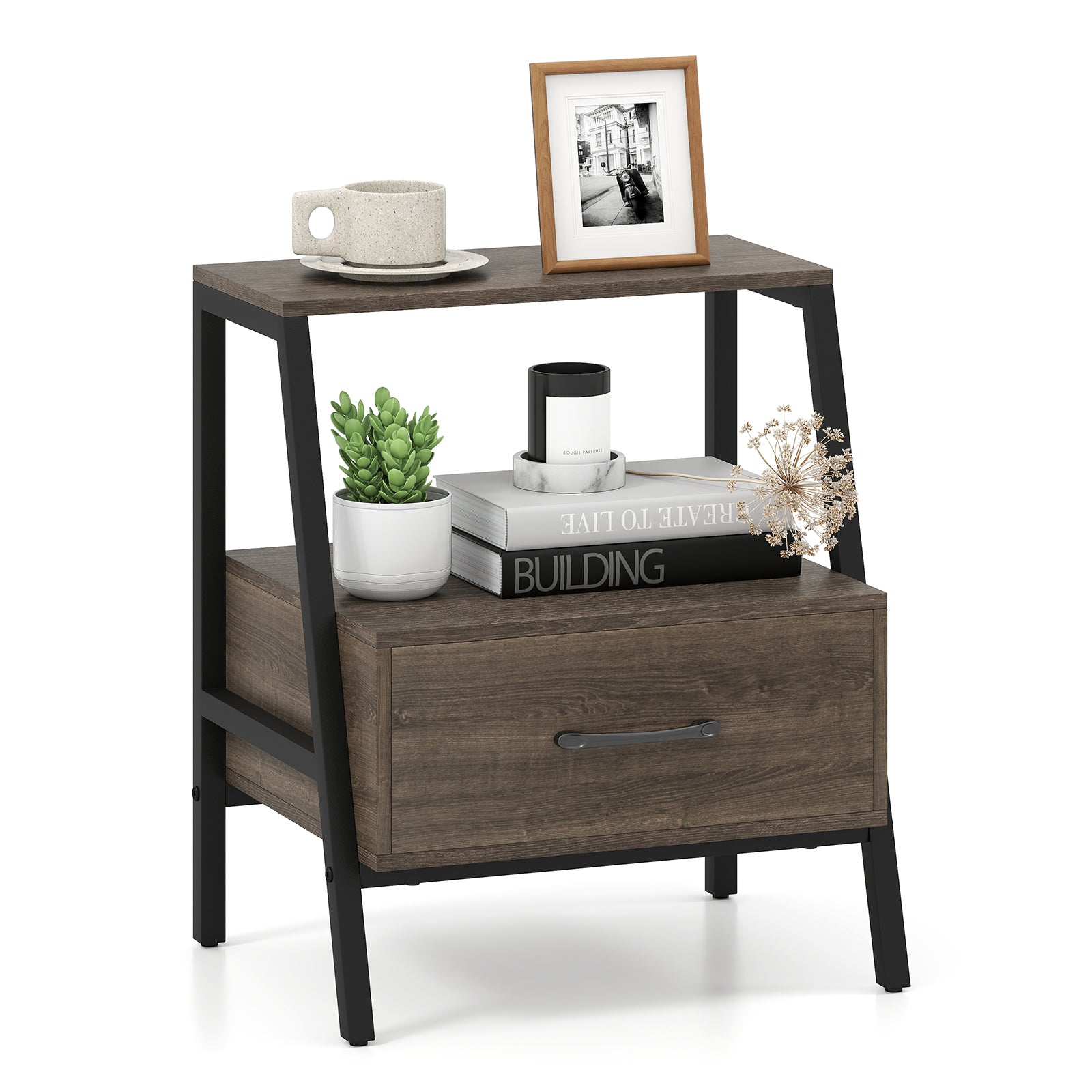 Farmhouse 3-Tier Nightstand with Drawer and Open Shelf for Living Room Bedroom-Grey