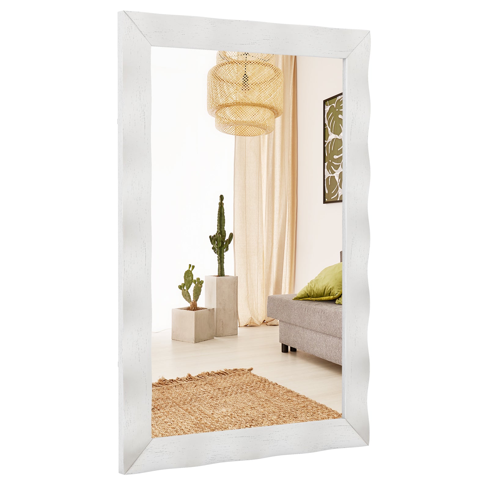 Farmhouse Wall Mirror Rubber Wood Rustic Style Wall Mirror-White