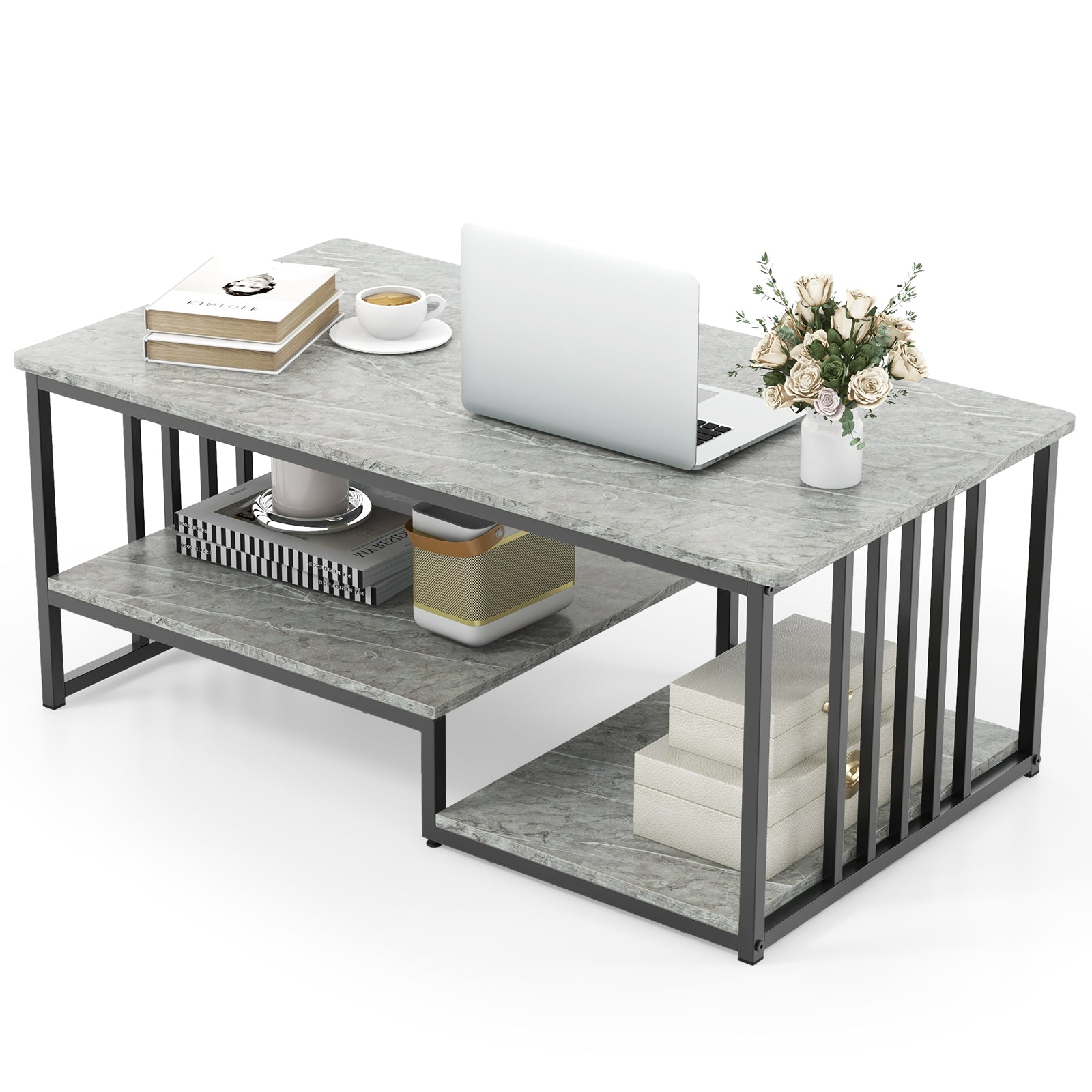 Faux Marble Coffee Table with Open Storage Shelf-Grey