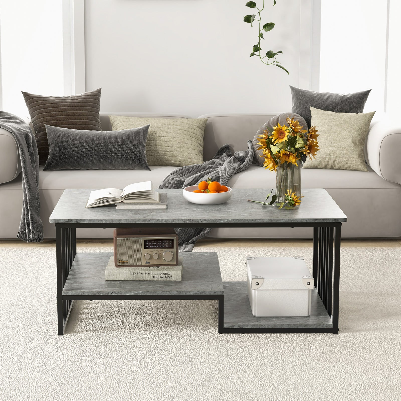 Faux Marble Coffee Table with Open Storage Shelf-Grey