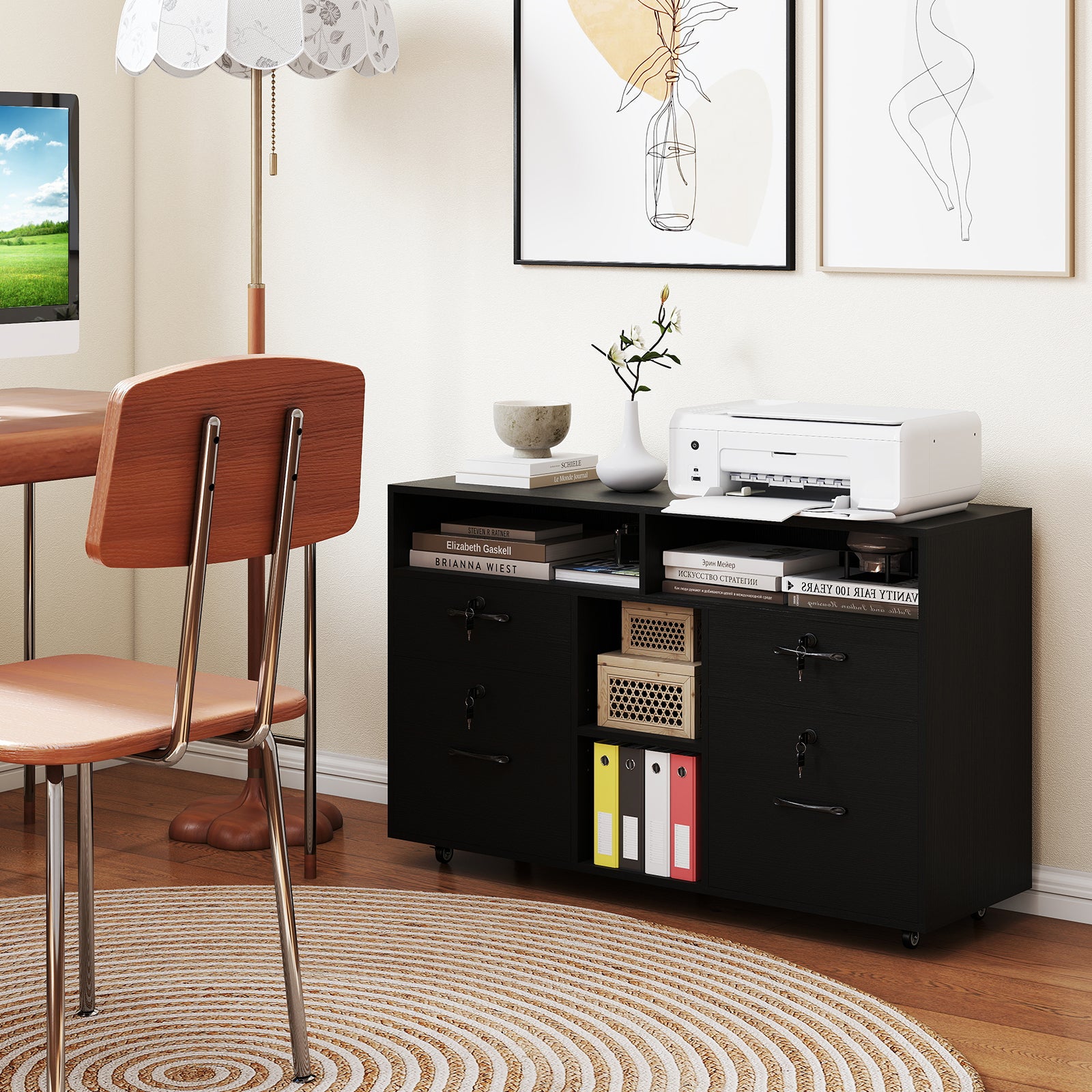 File Cabinet with Lock Mobile Lateral Filing Storage Organizer-Black