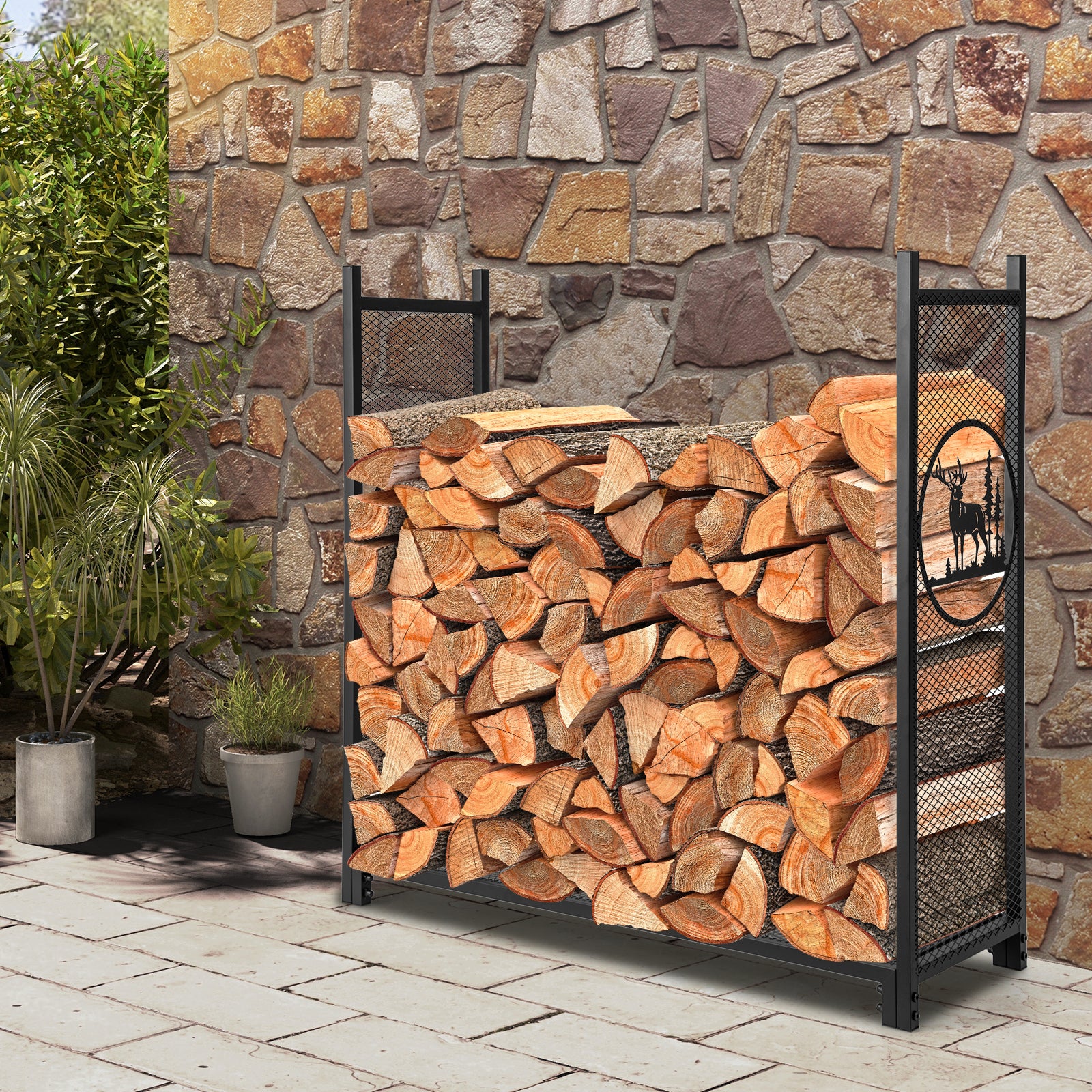 Firewood Rack Stand with Mesh Sides and Deer Tree Patterns