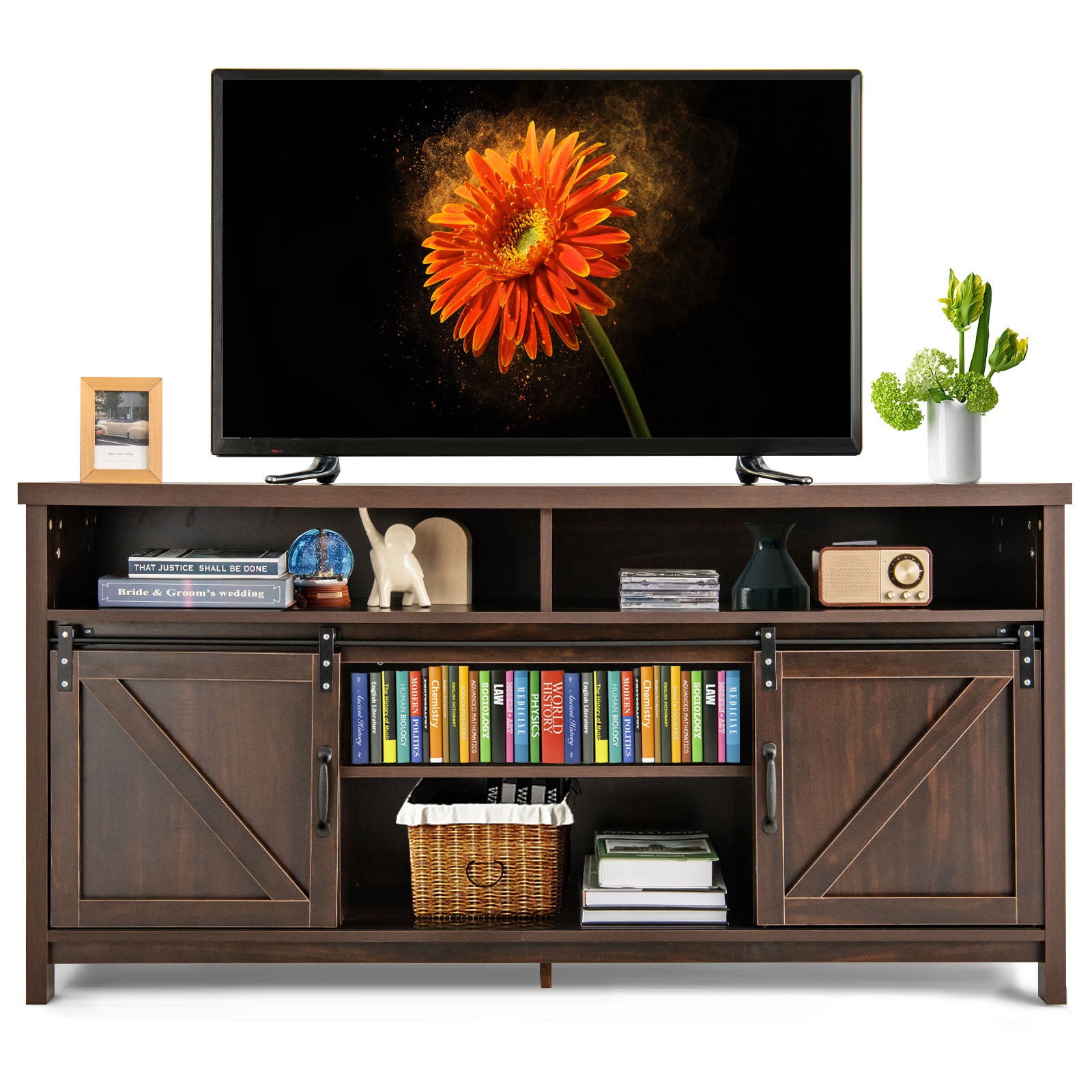 Sliding Barn Door Farmhouse Flat Screen Console for 65 Inch TVs-Dark Brown