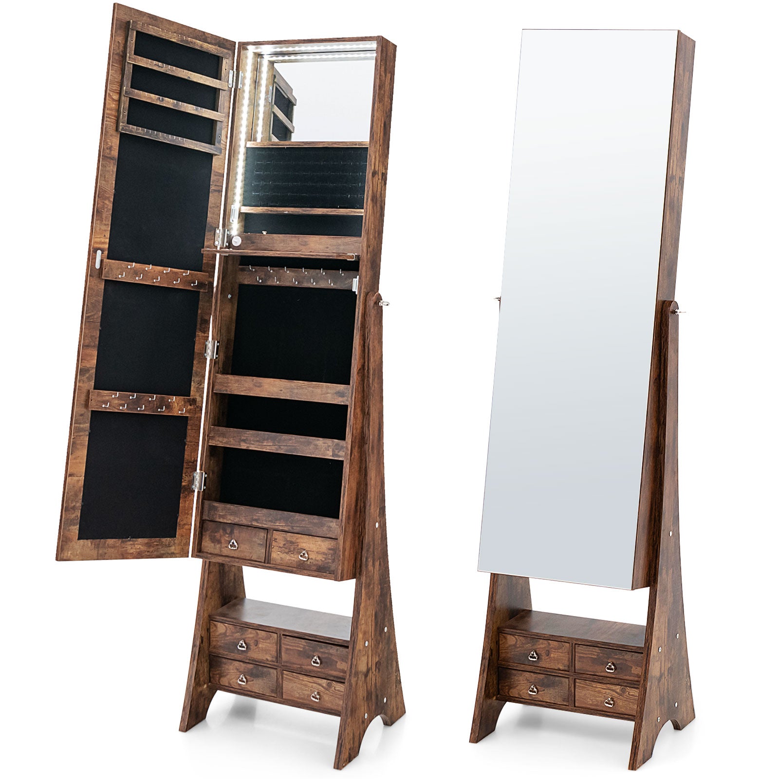 Floor Jewelry Armoire Organizer with Full-Length Mirror-Brown